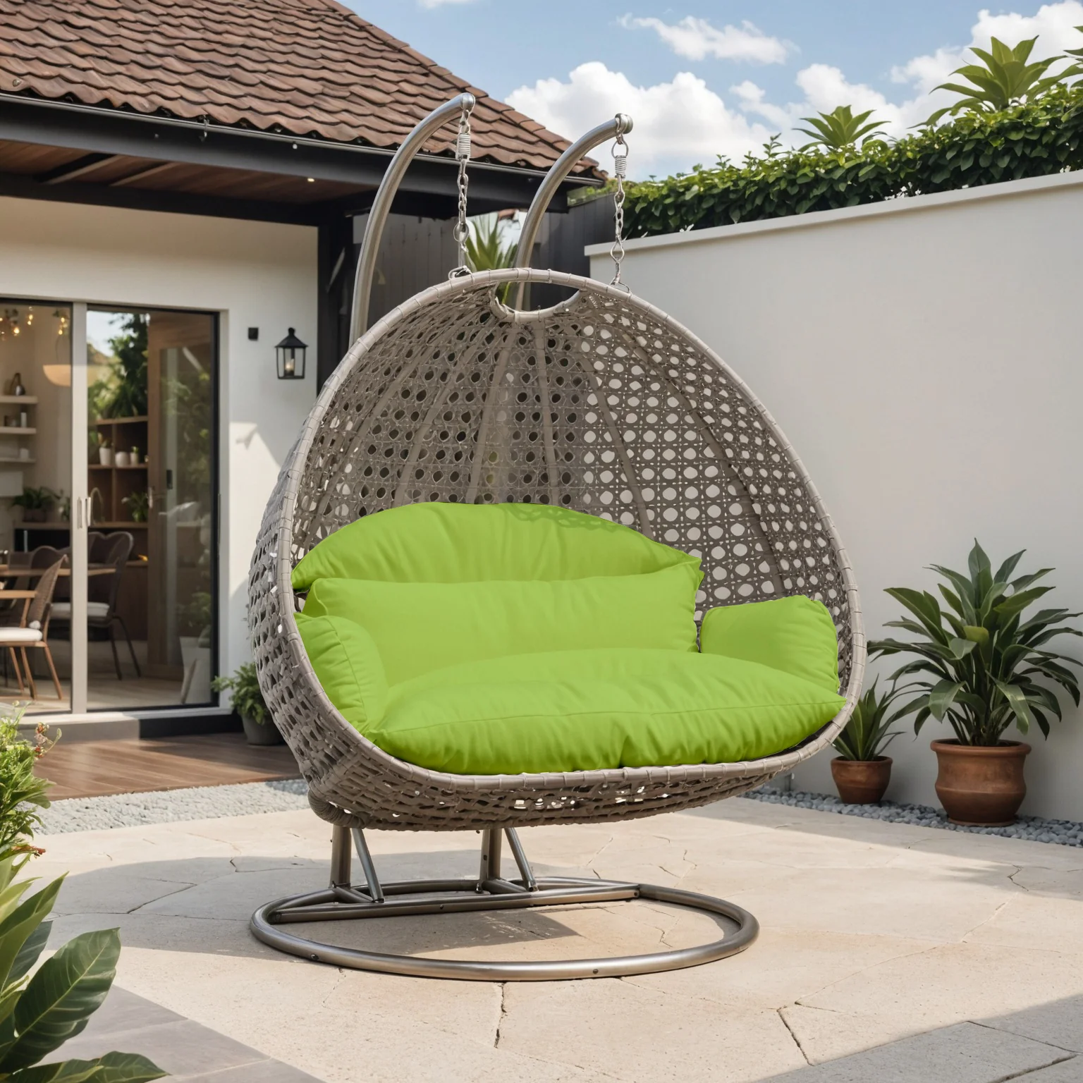 Beige Wicker Hanging 2 person Egg Swing Chair