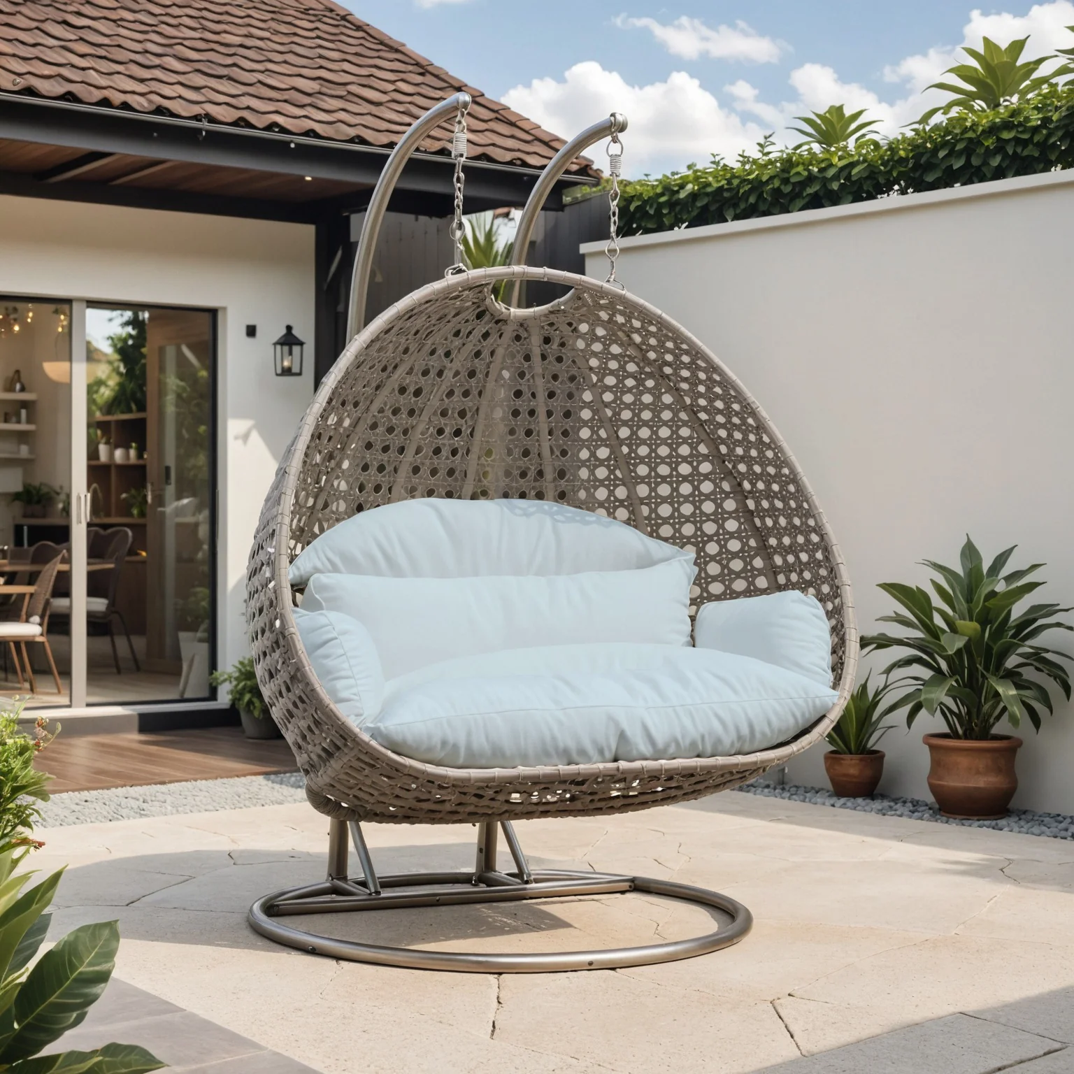 Beige Wicker Hanging 2 person Egg Swing Chair