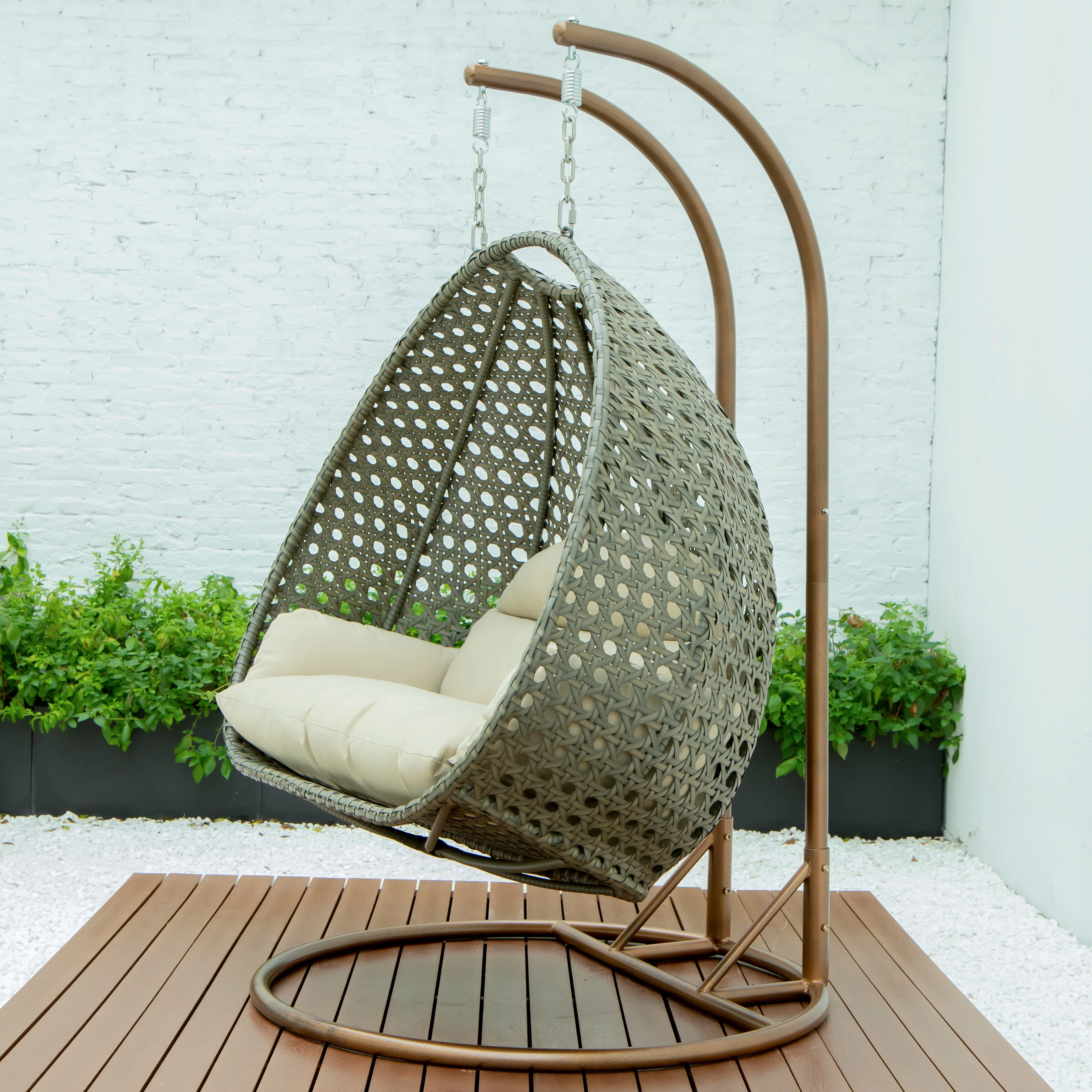 Beige Wicker Hanging 2 person Egg Swing Chair