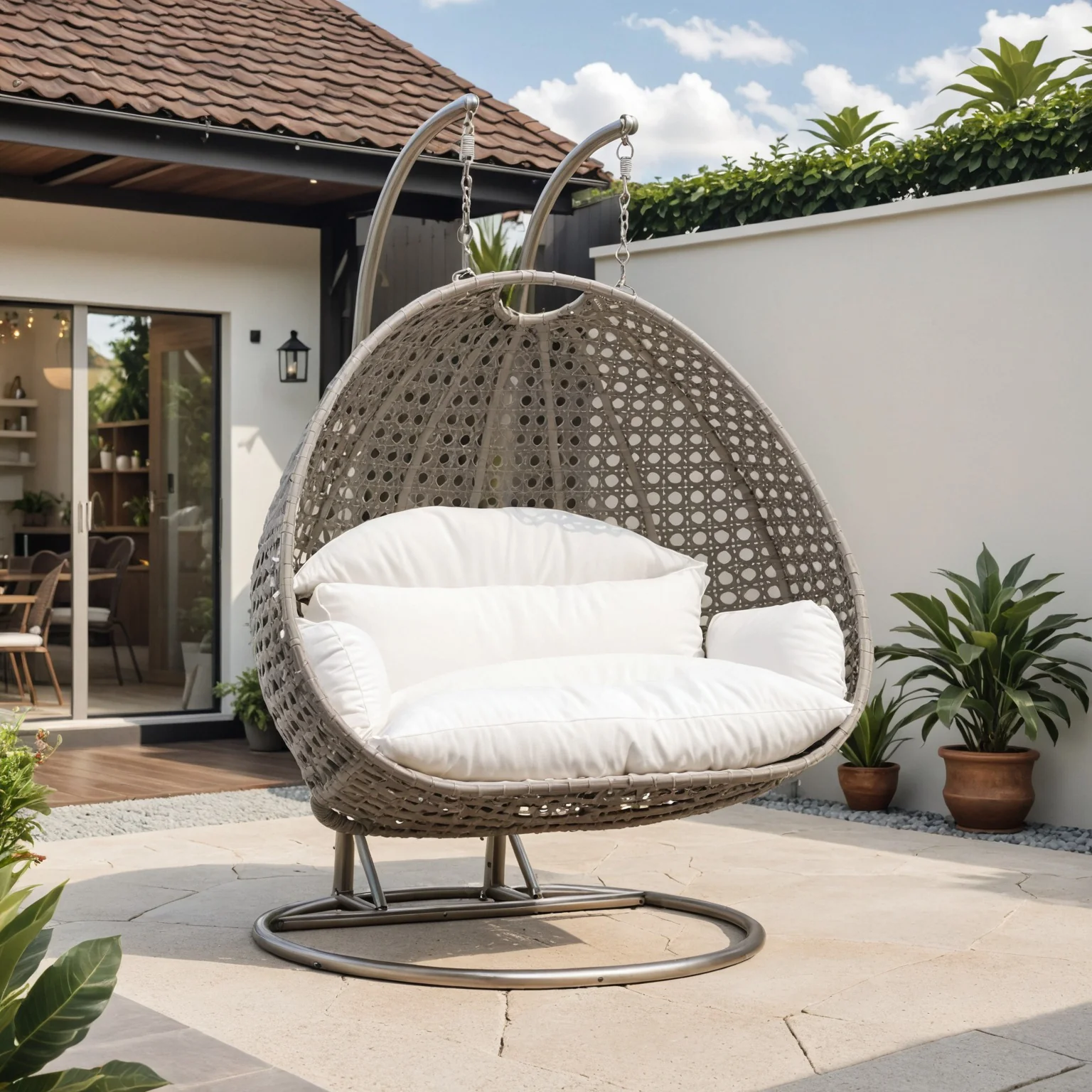Beige Wicker Hanging 2 person Egg Swing Chair