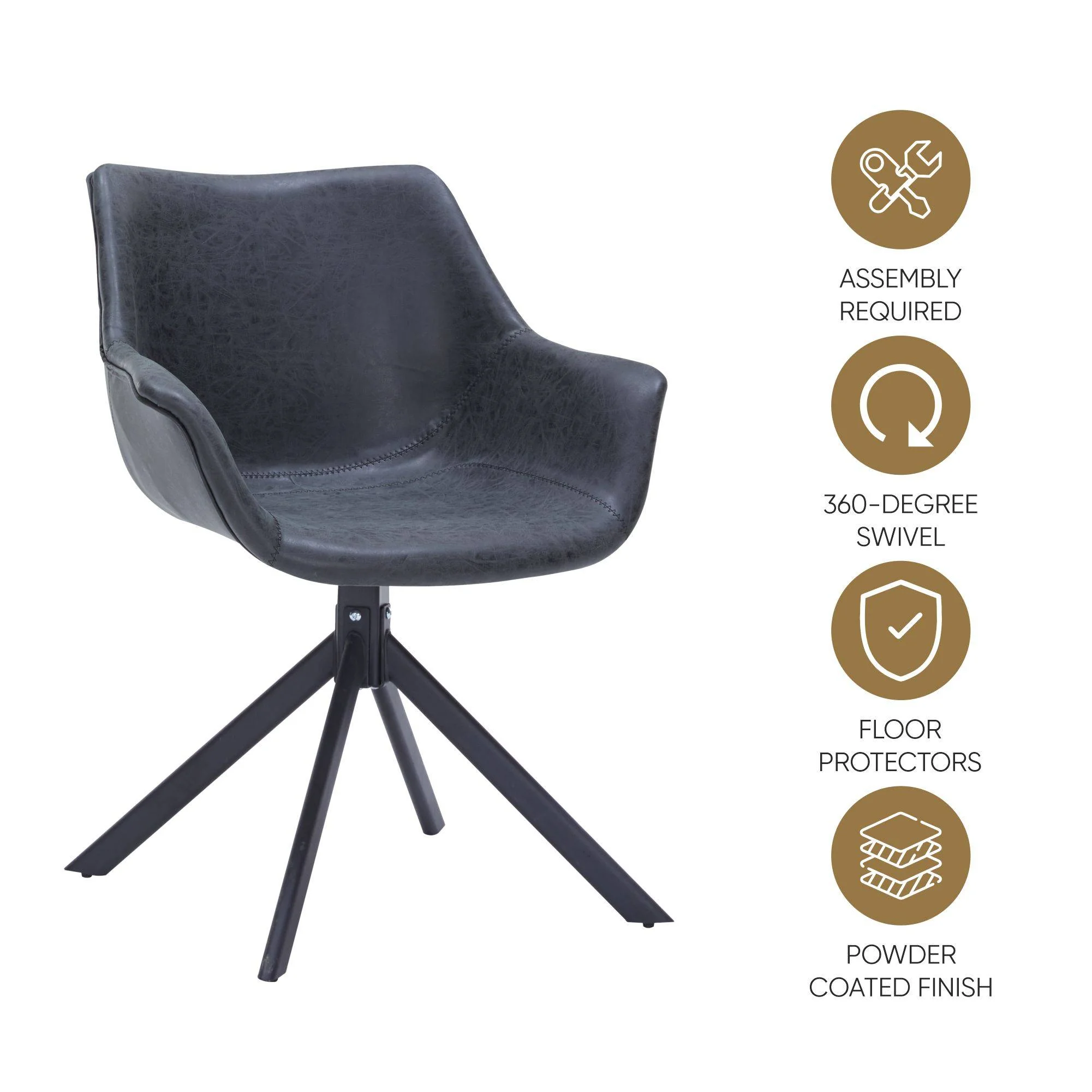 Markley Modern Leather Dining Swival Arm Chair in Black