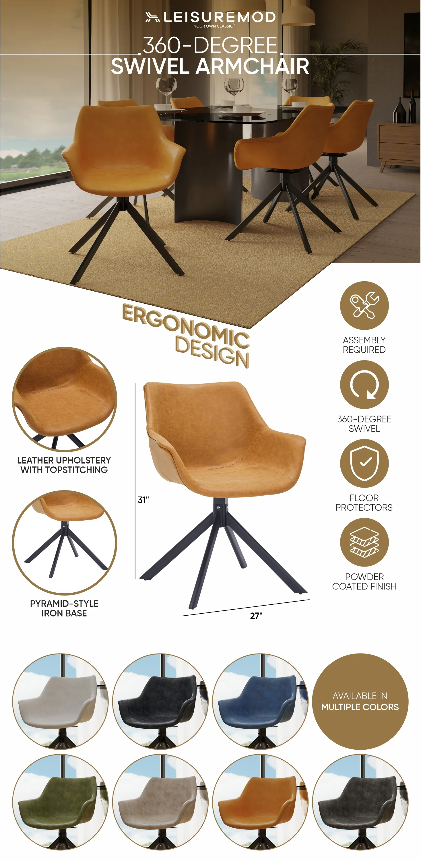 Markley Modern Leather Dining Swival Arm Chair in Light Brown