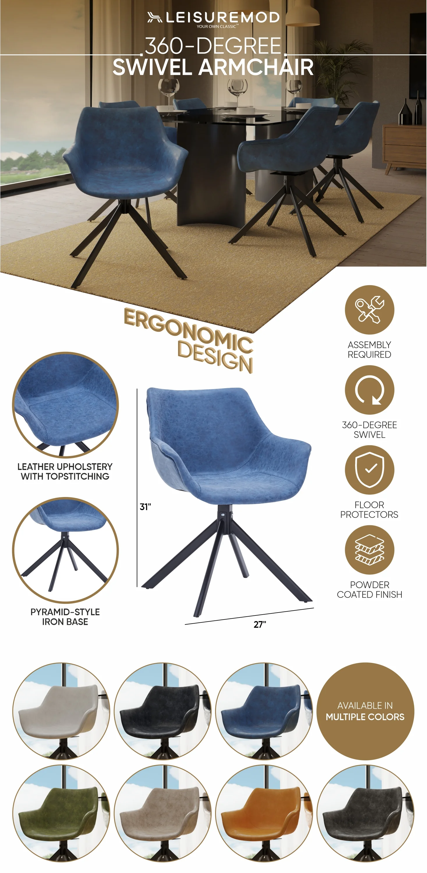 Markley Modern Leather Dining Swival Arm Chair in Light Blue