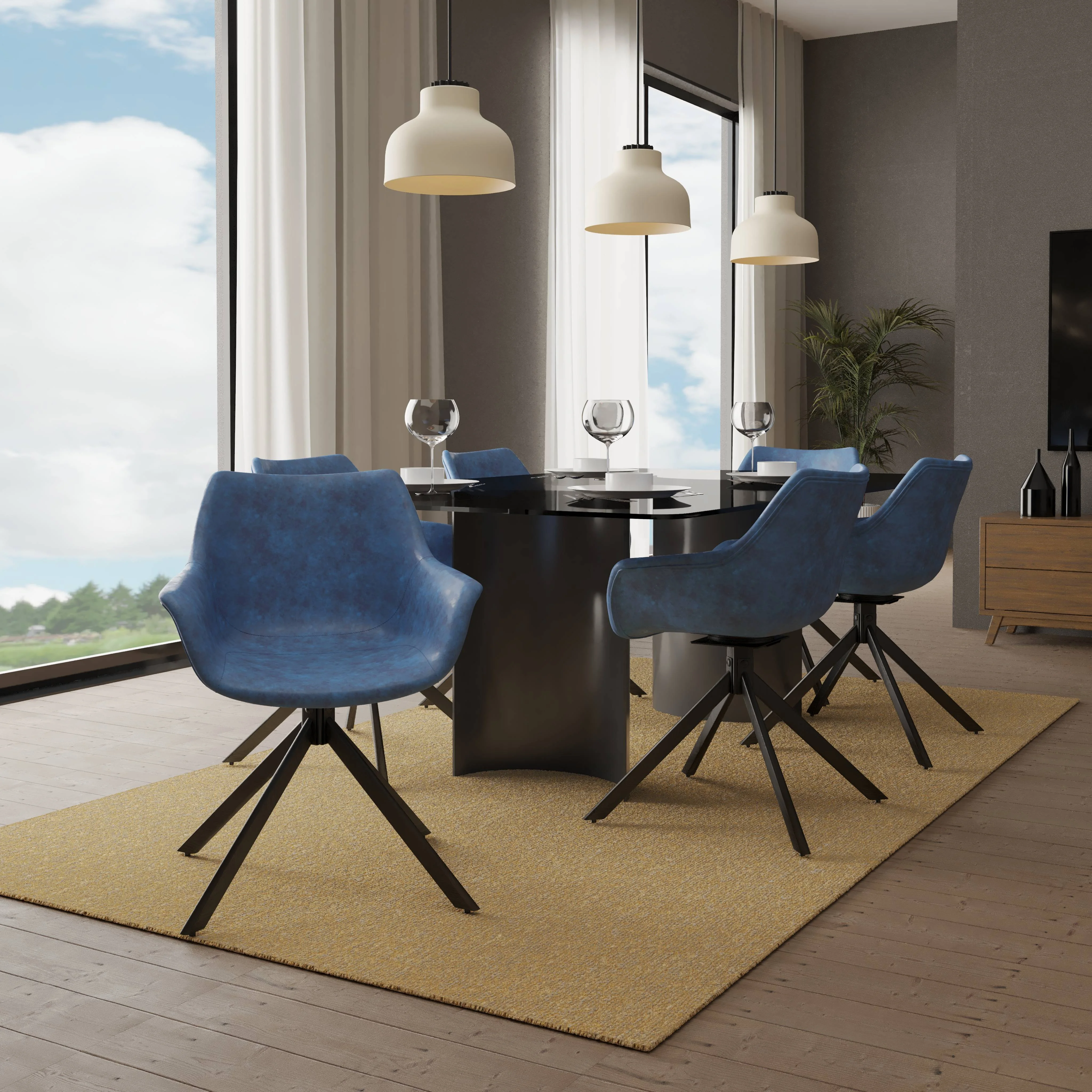 Markley Modern Leather Dining Swival Arm Chair in Light Blue