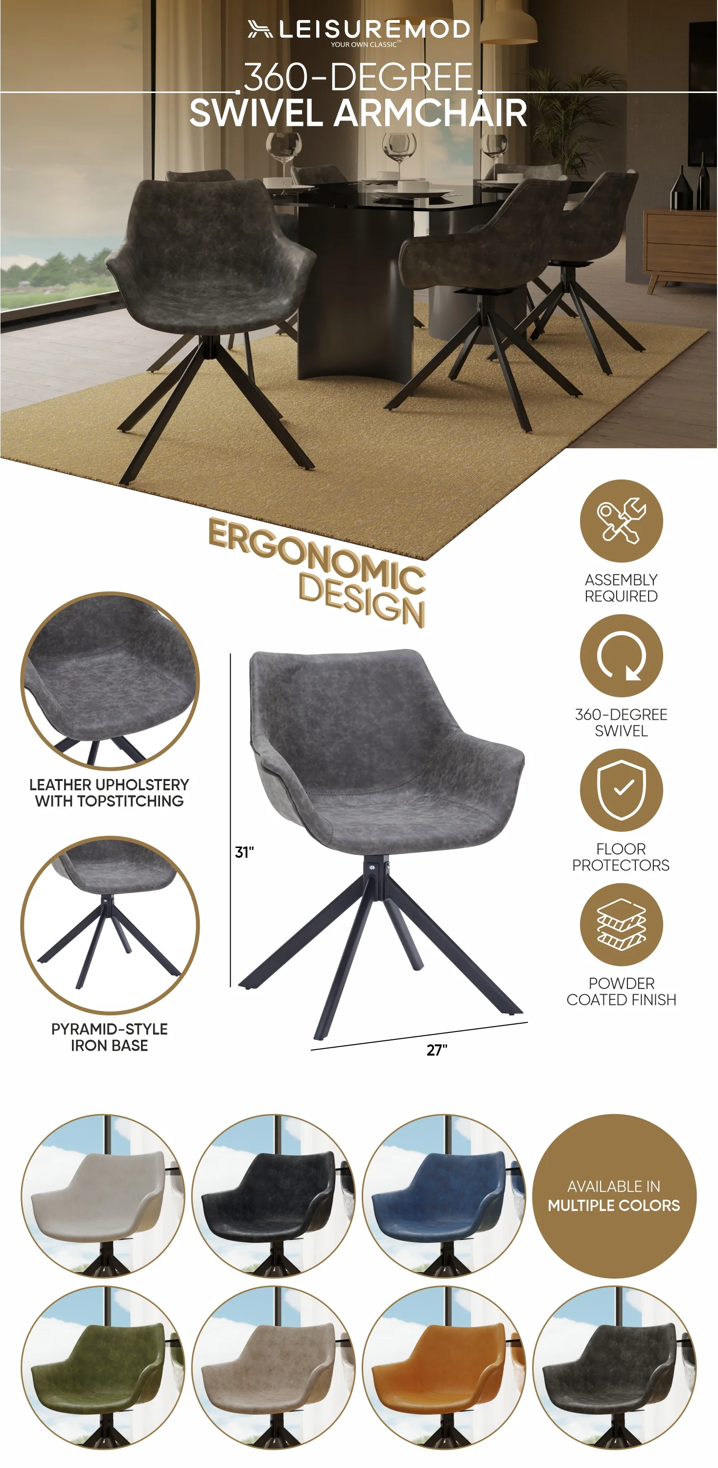 Markley Modern Leather Dining Swival Arm Chair in Grey