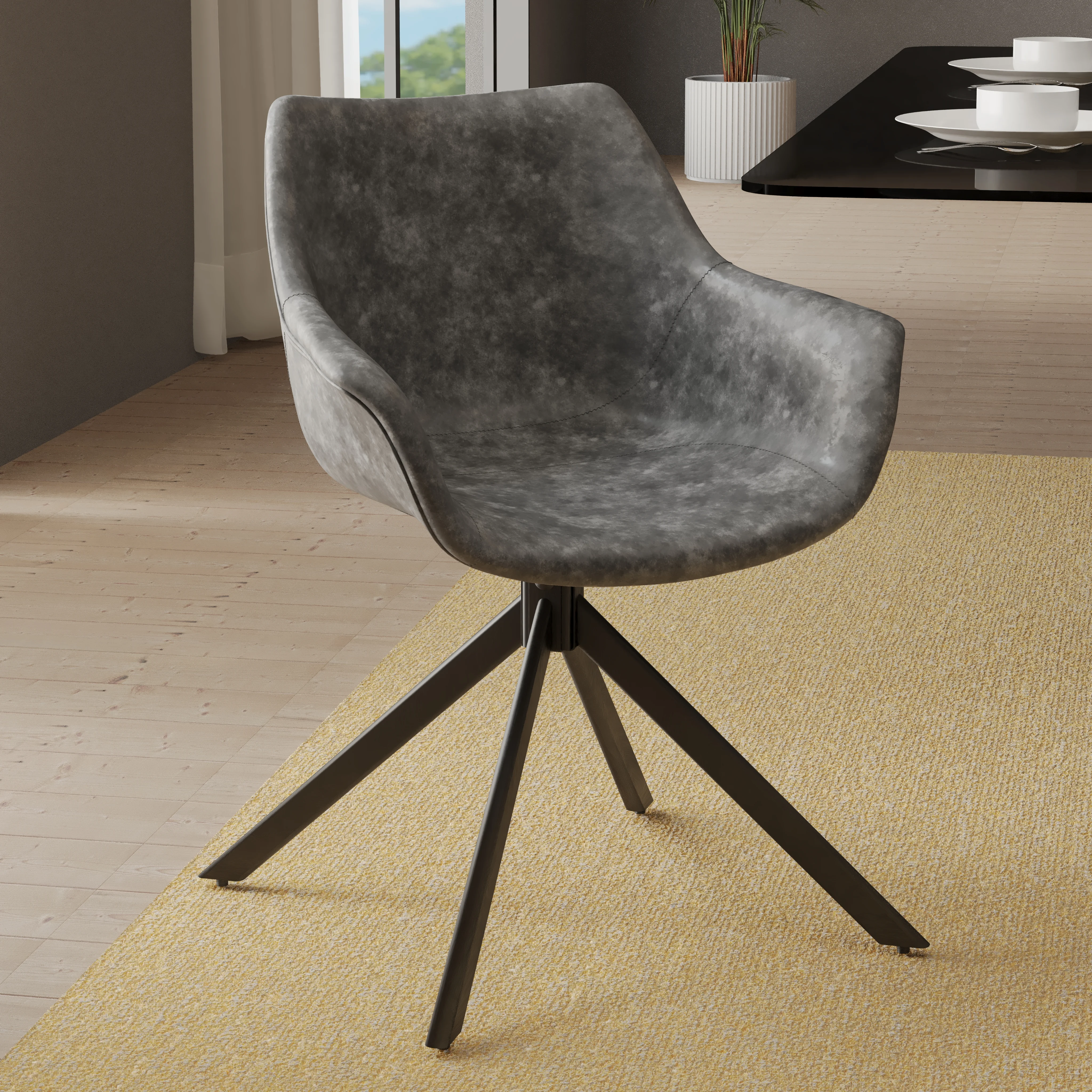 Markley Modern Leather Dining Swival Arm Chair in Grey