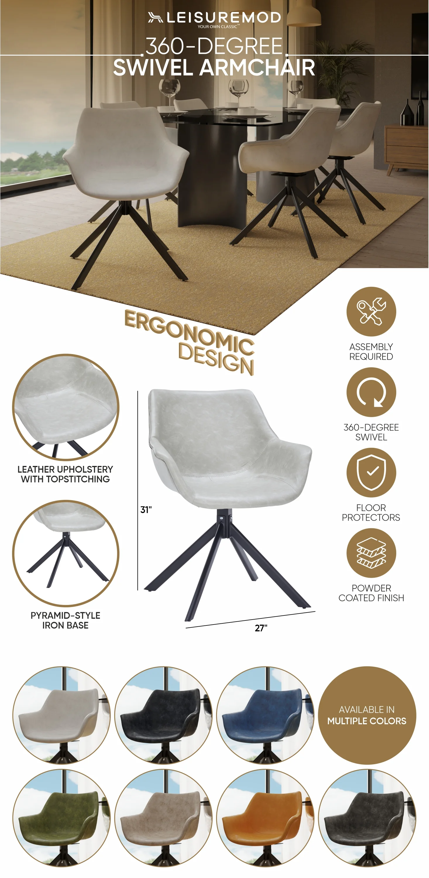 Markley Modern Leather Dining Swival Arm Chair in Light Grey