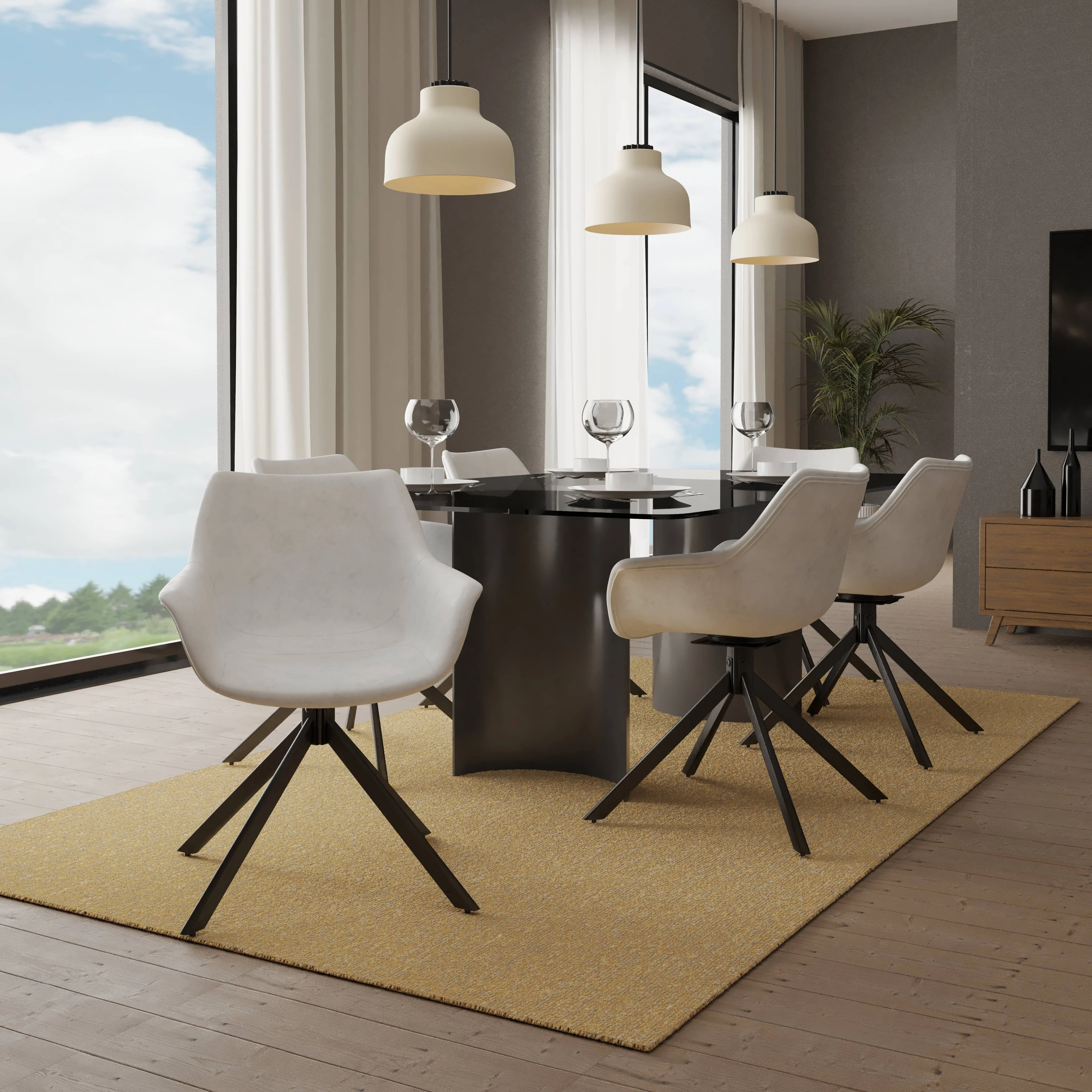 Markley Modern Leather Dining Swival Arm Chair in Light Grey