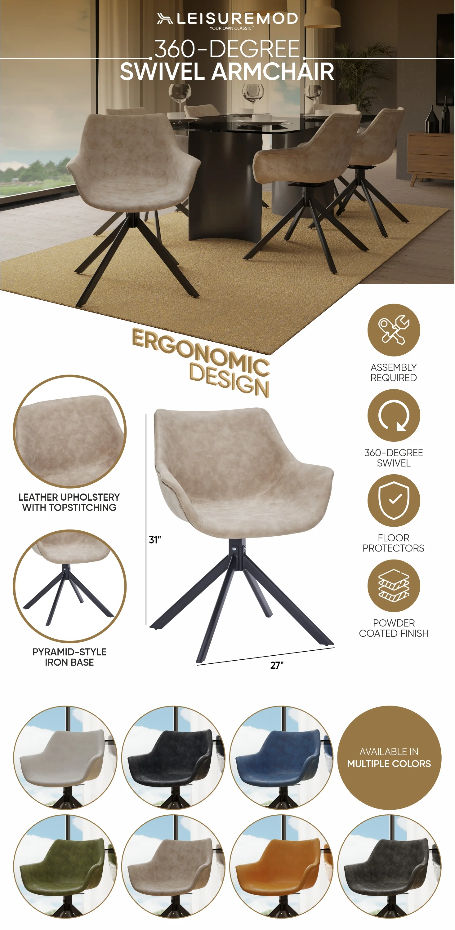 Markley Modern Leather Dining Swival Arm Chair in Taupe