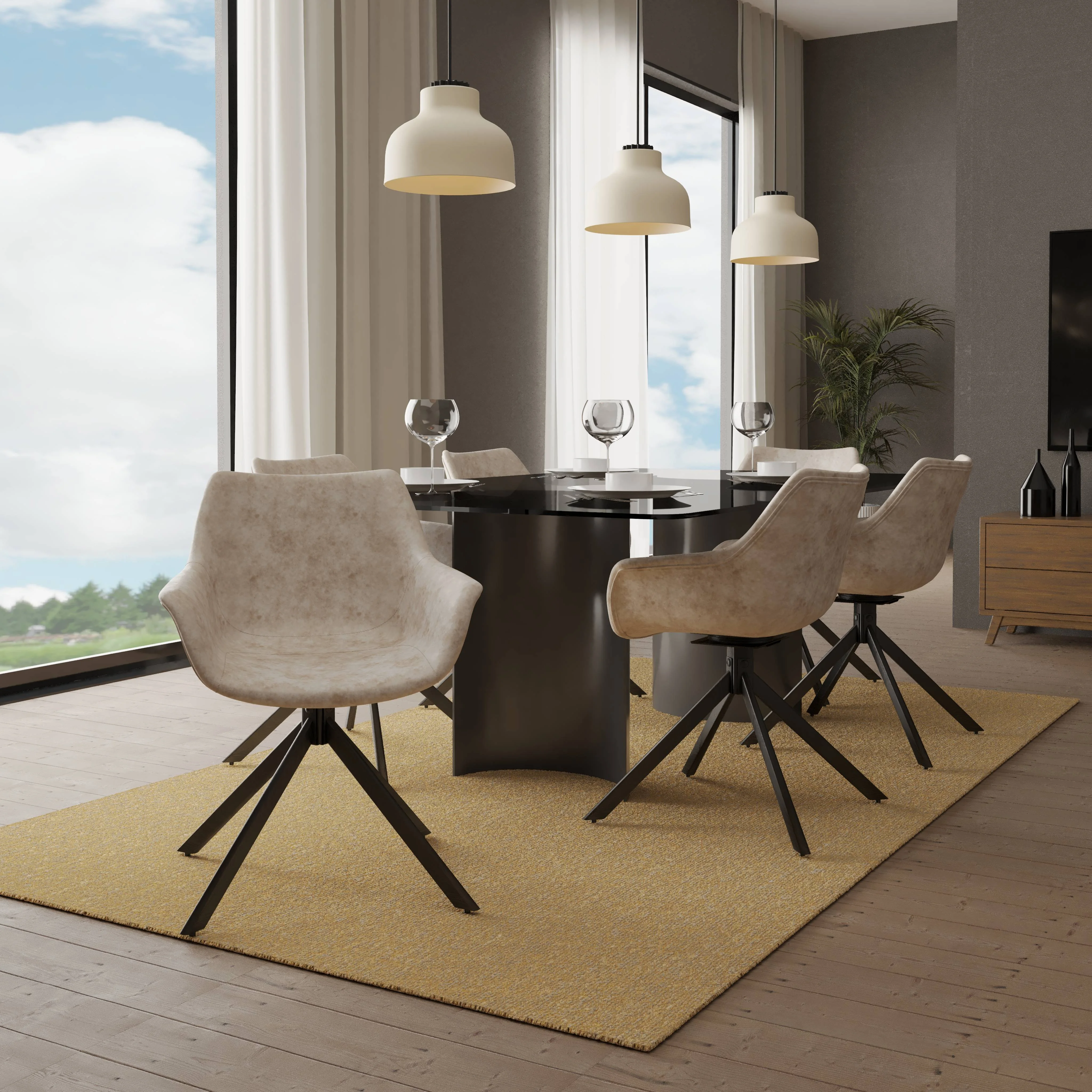 Markley Modern Leather Dining Swival Arm Chair in Taupe