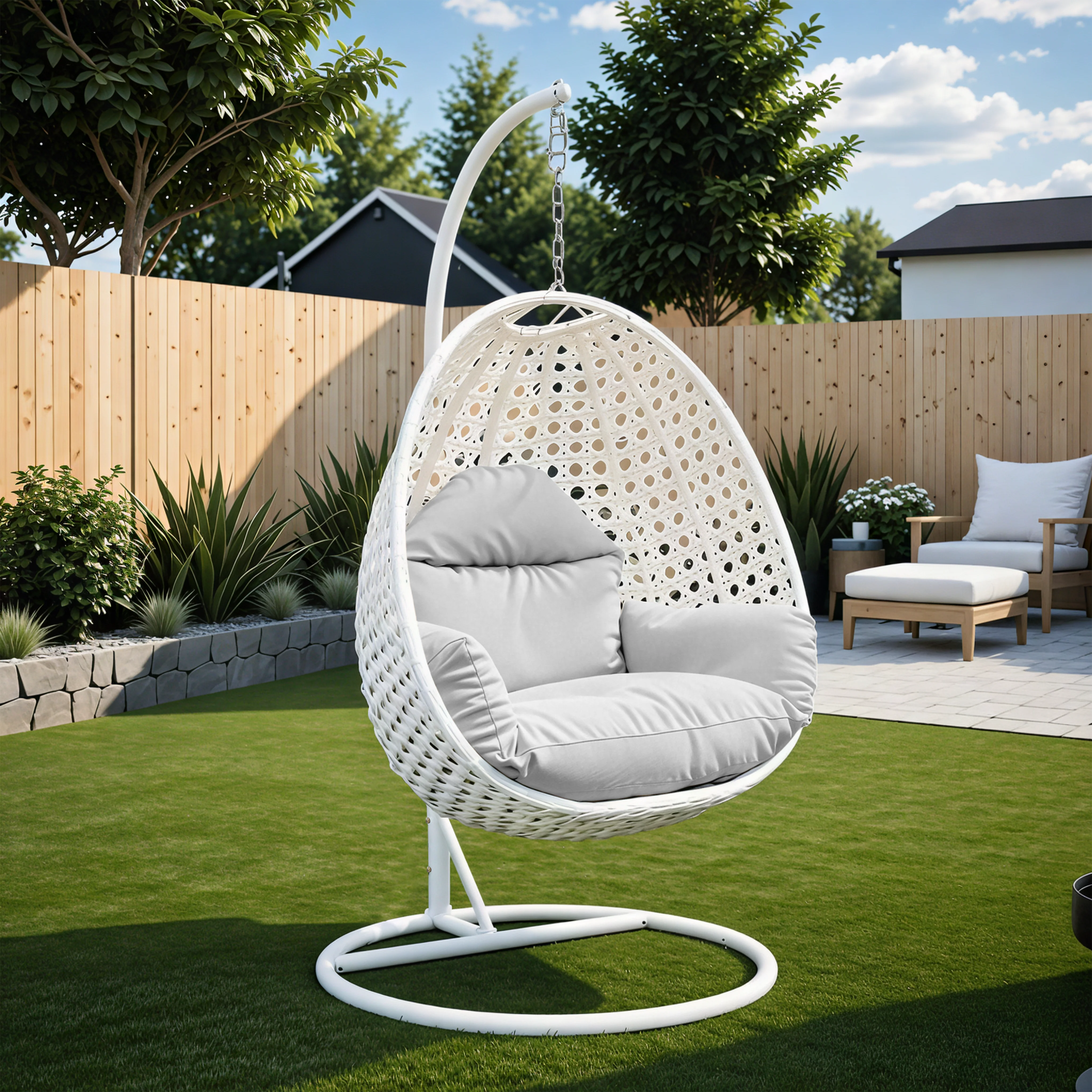 White Wicker Hanging Egg Swing Chair