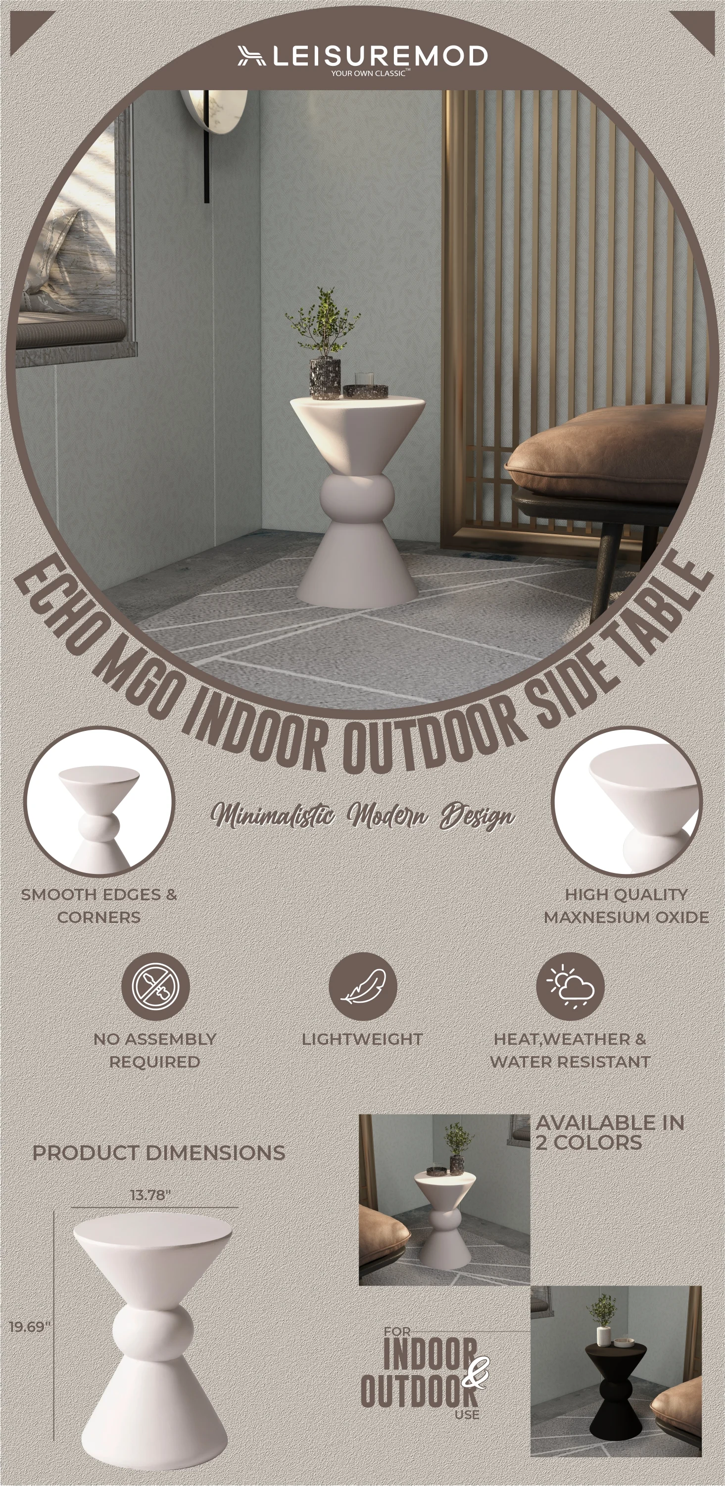 Echo Collection Fiberglass Outdoor Side Table in Cream