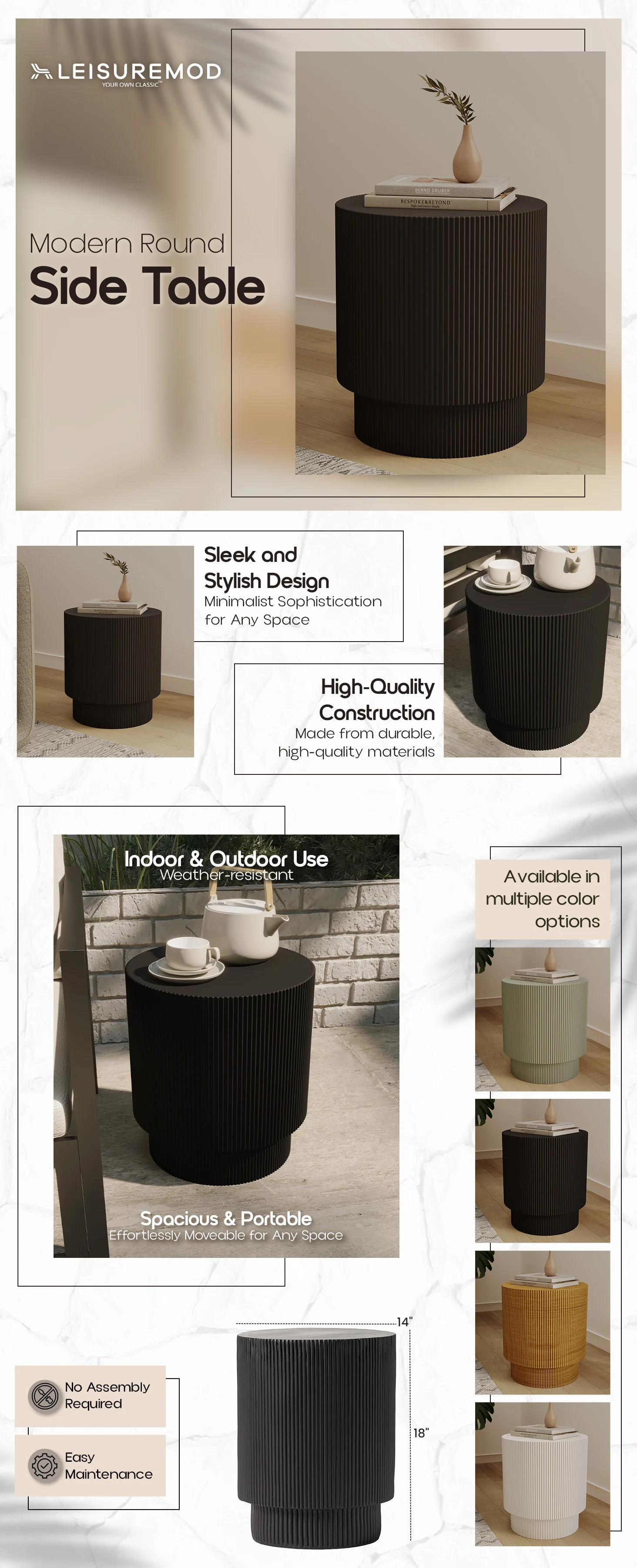 Eden Collection Fiberglass Outdoor Side Table in Black