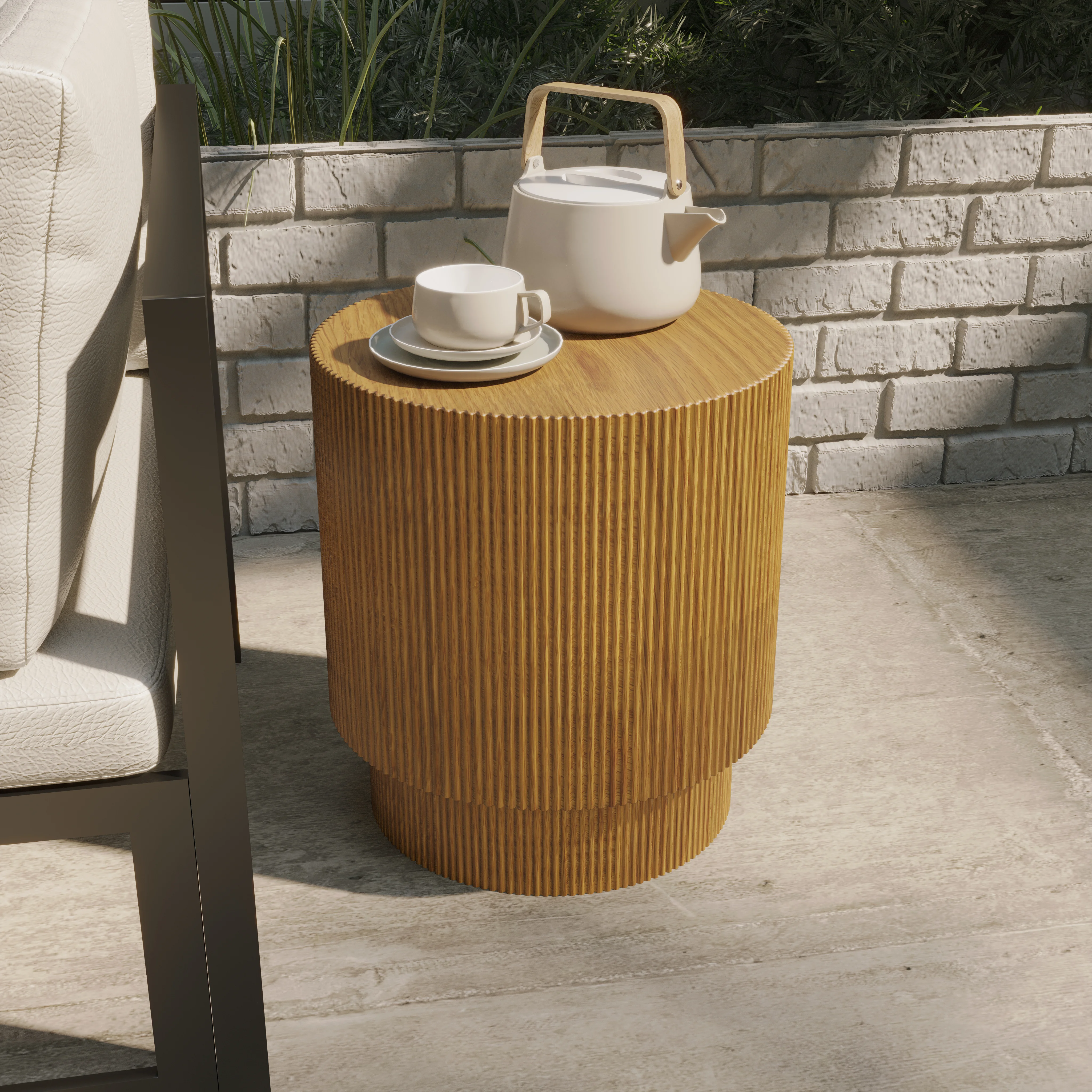 Eden Collection Fiberglass Outdoor Side Table in Wood Brown