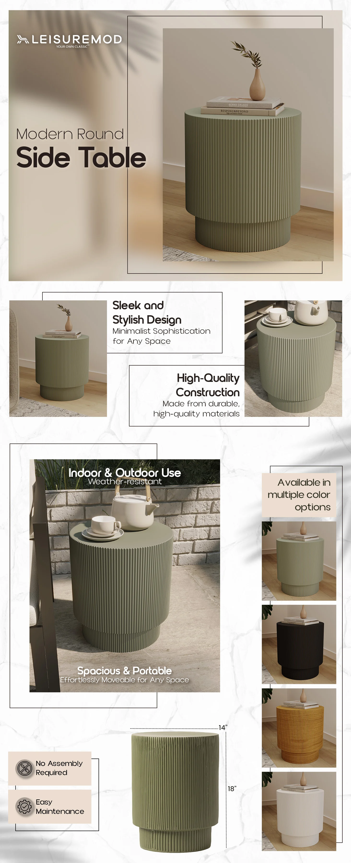 Eden Collection Fiberglass Outdoor Side Table in Olive Green