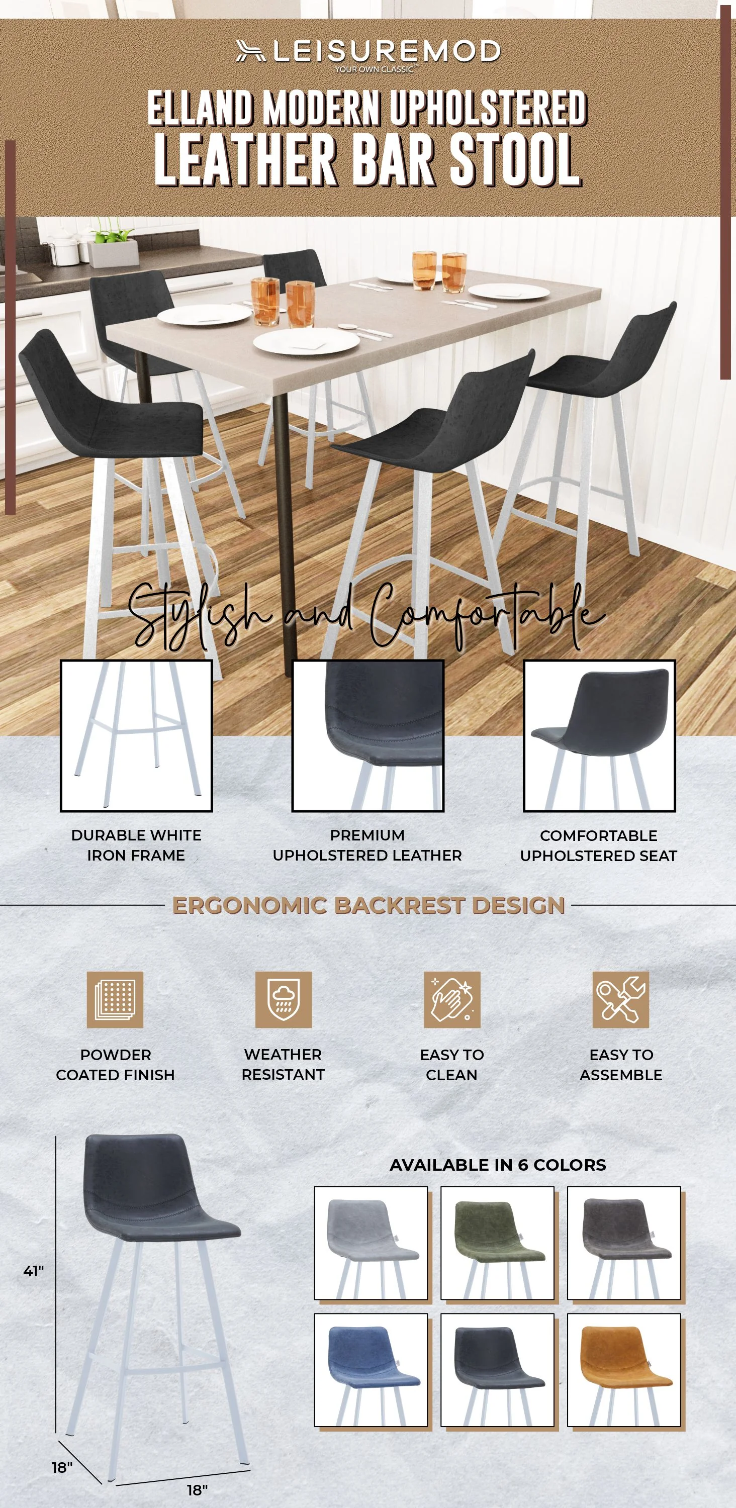 Elland - Bar stool -Charcoal Black- White Base