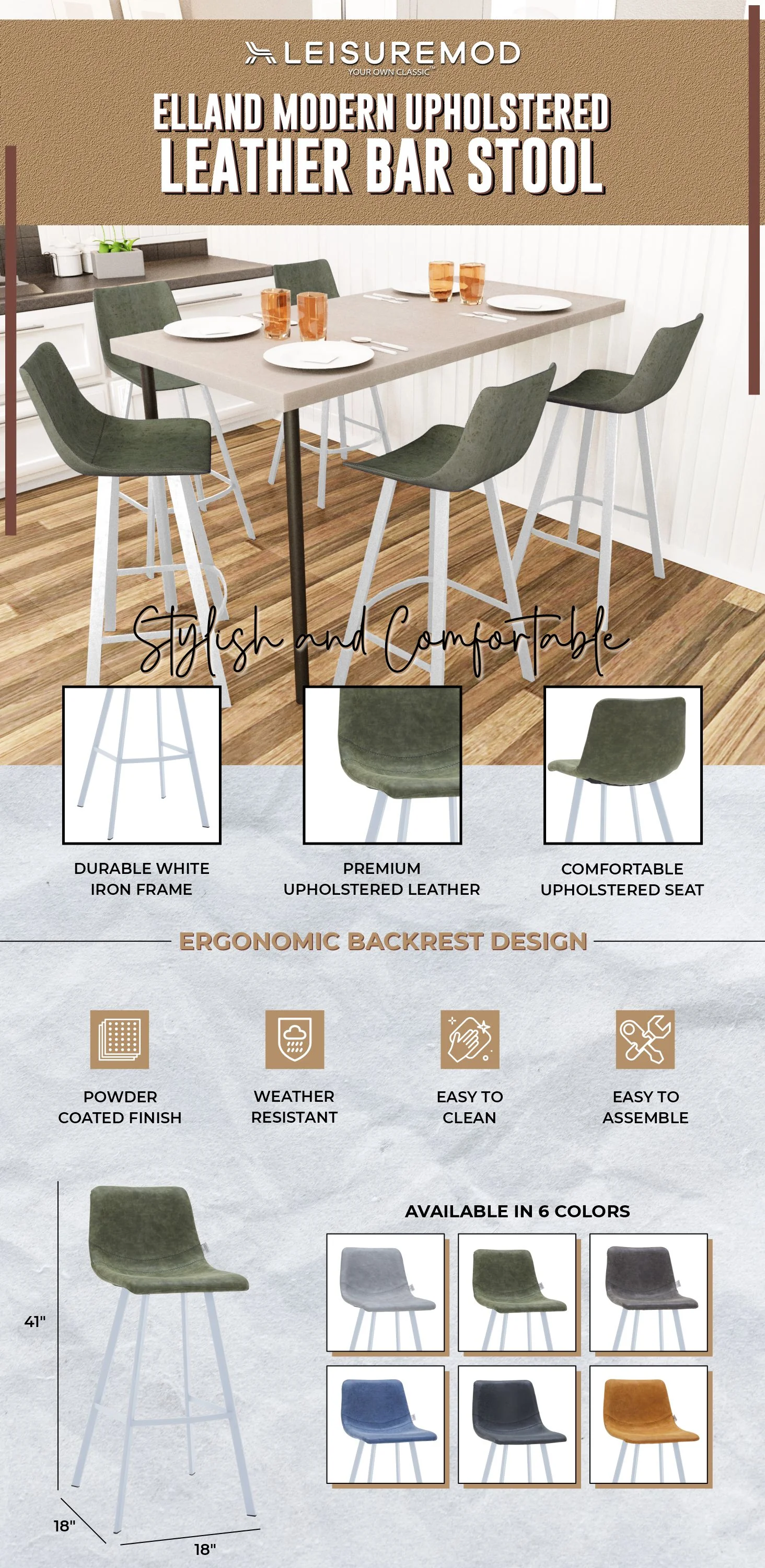 Elland - Bar stool - Olive Green- White Base