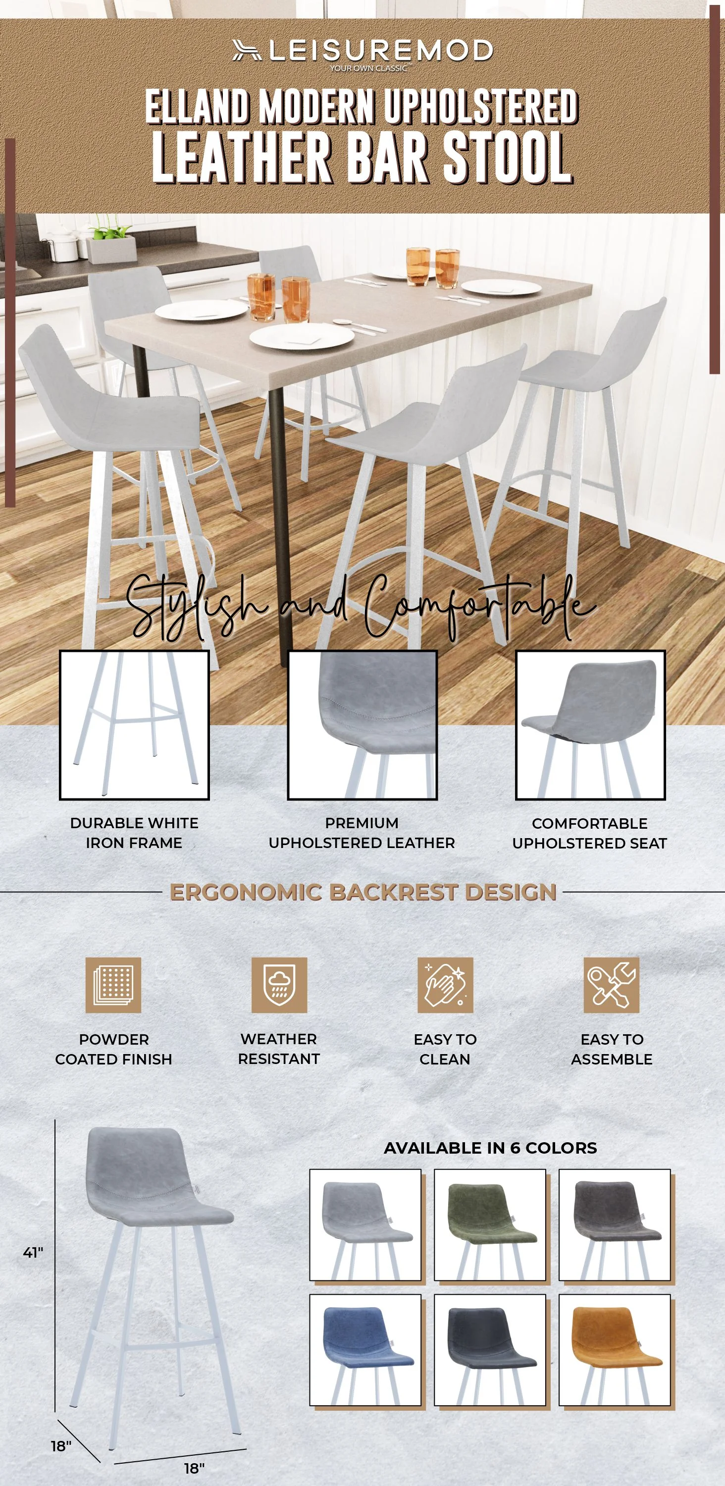 Elland - Bar stool -Light Grey- White Base