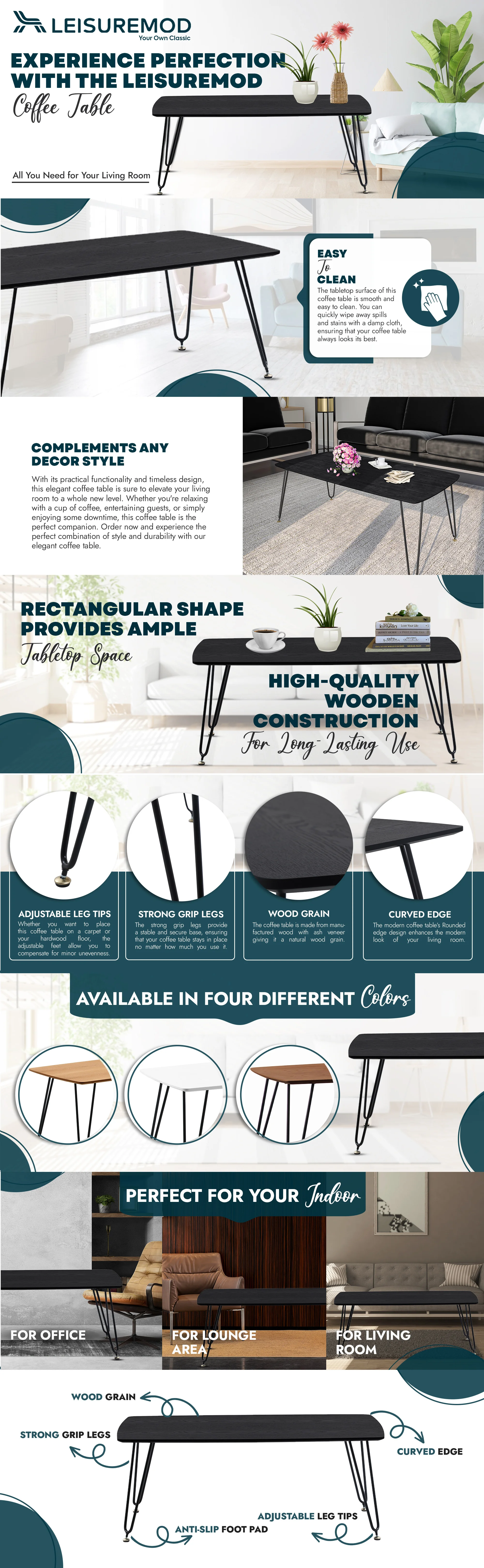 Elmwood Modern Wood Top Coffee Table With Iron Base