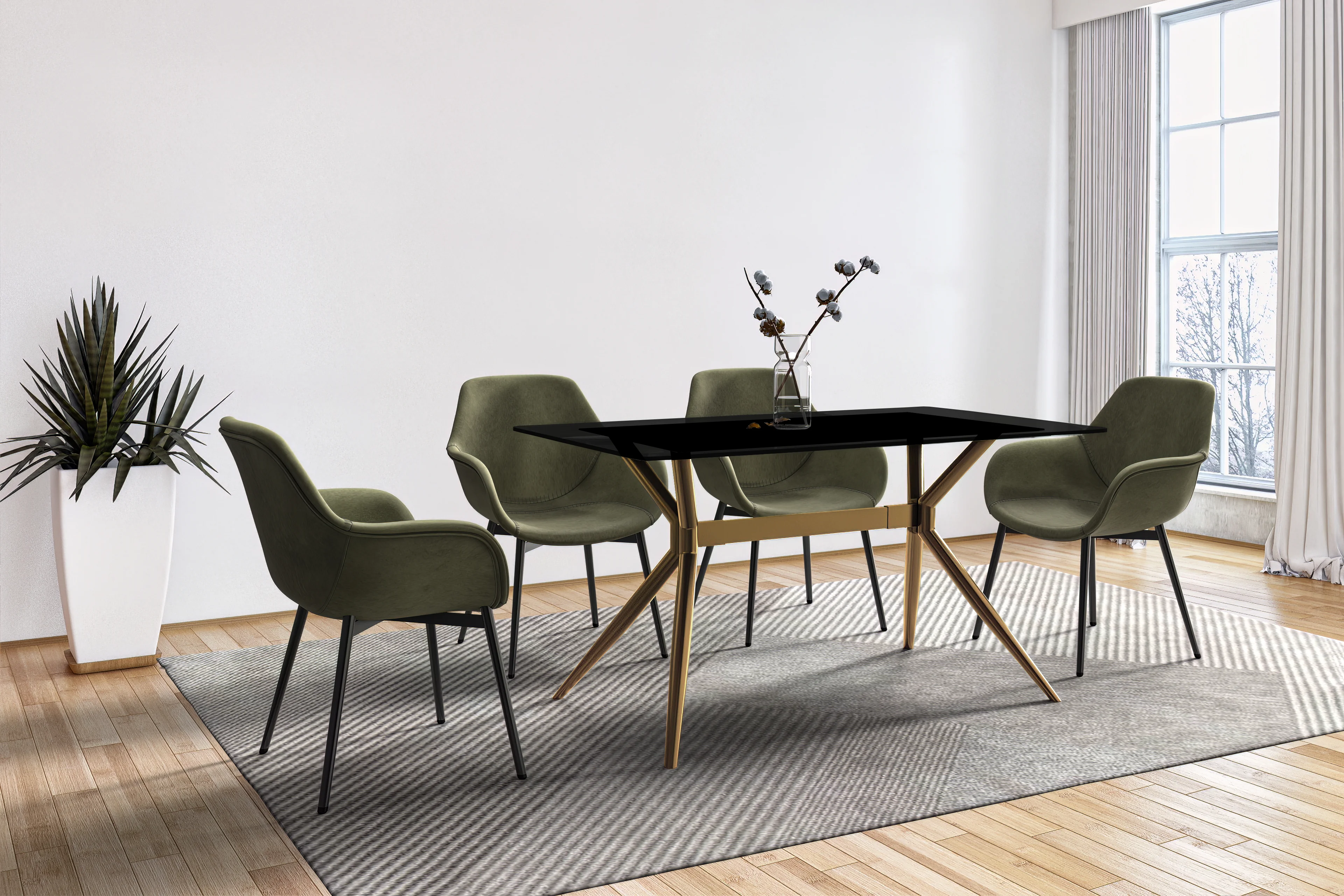 Elega Series Gold Stainless Steel Dining Table 55" With Black Glass Top