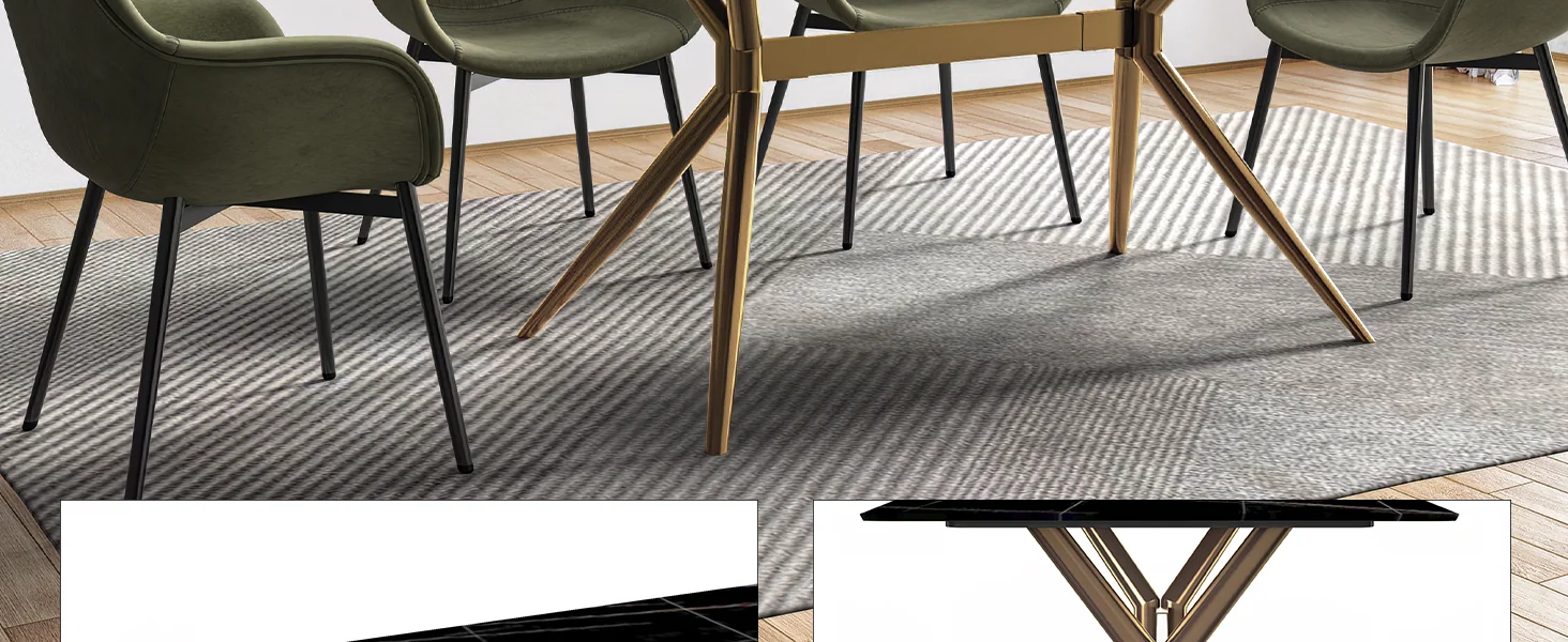 Elega Series Gold Stainless Steel Dining Table 55" With Black/Gold Sintered Stone Top