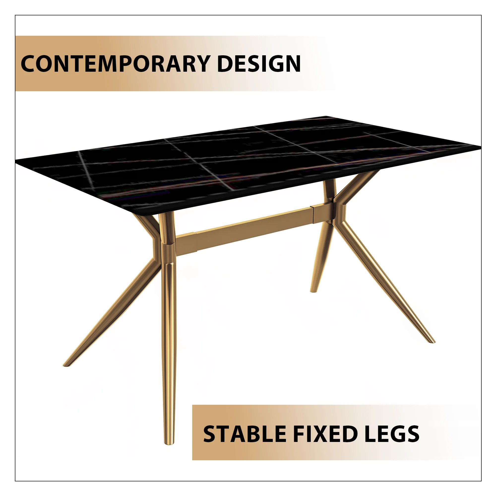 Elega Series Gold Stainless Steel Dining Table 55" With Black/Gold Sintered Stone Top