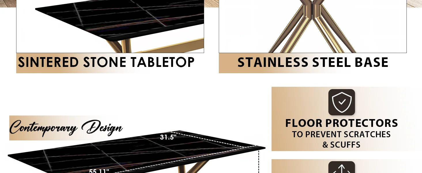 Elega Series Gold Stainless Steel Dining Table 55" With Black/Gold Sintered Stone Top