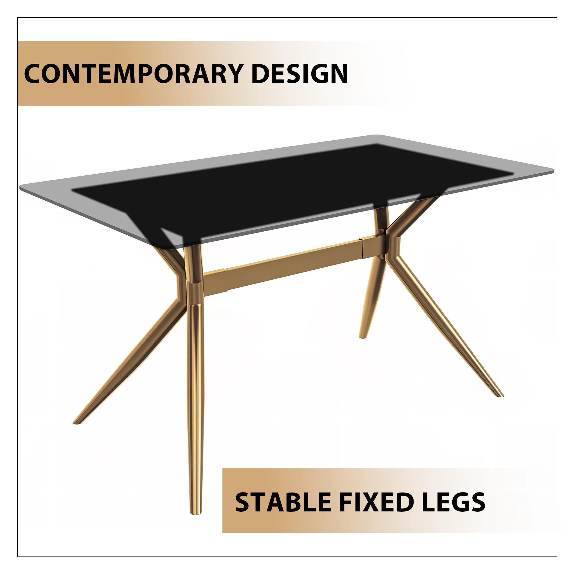 Elega Series Gold Stainless Steel Dining Table 55" With Clear Glass Top