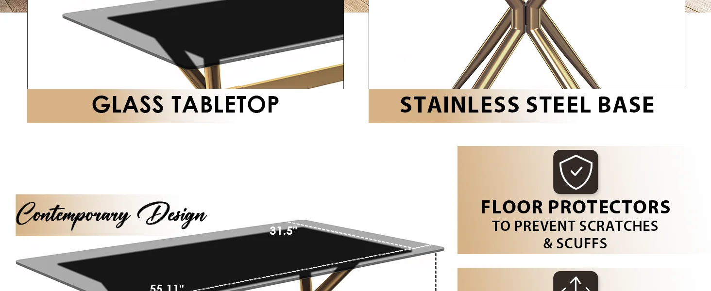Elega Series Gold Stainless Steel Dining Table 55" With Clear Glass Top