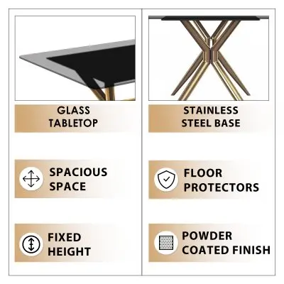 Elega Series Gold Stainless Steel Dining Table 55" With Clear Glass Top