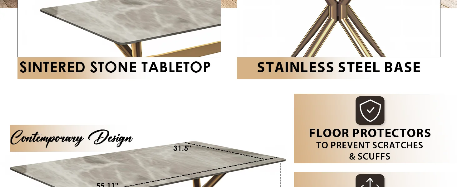 Elega Series Gold Stainless Steel Dining Table 55" With Deep Grey Sintered Stone Top