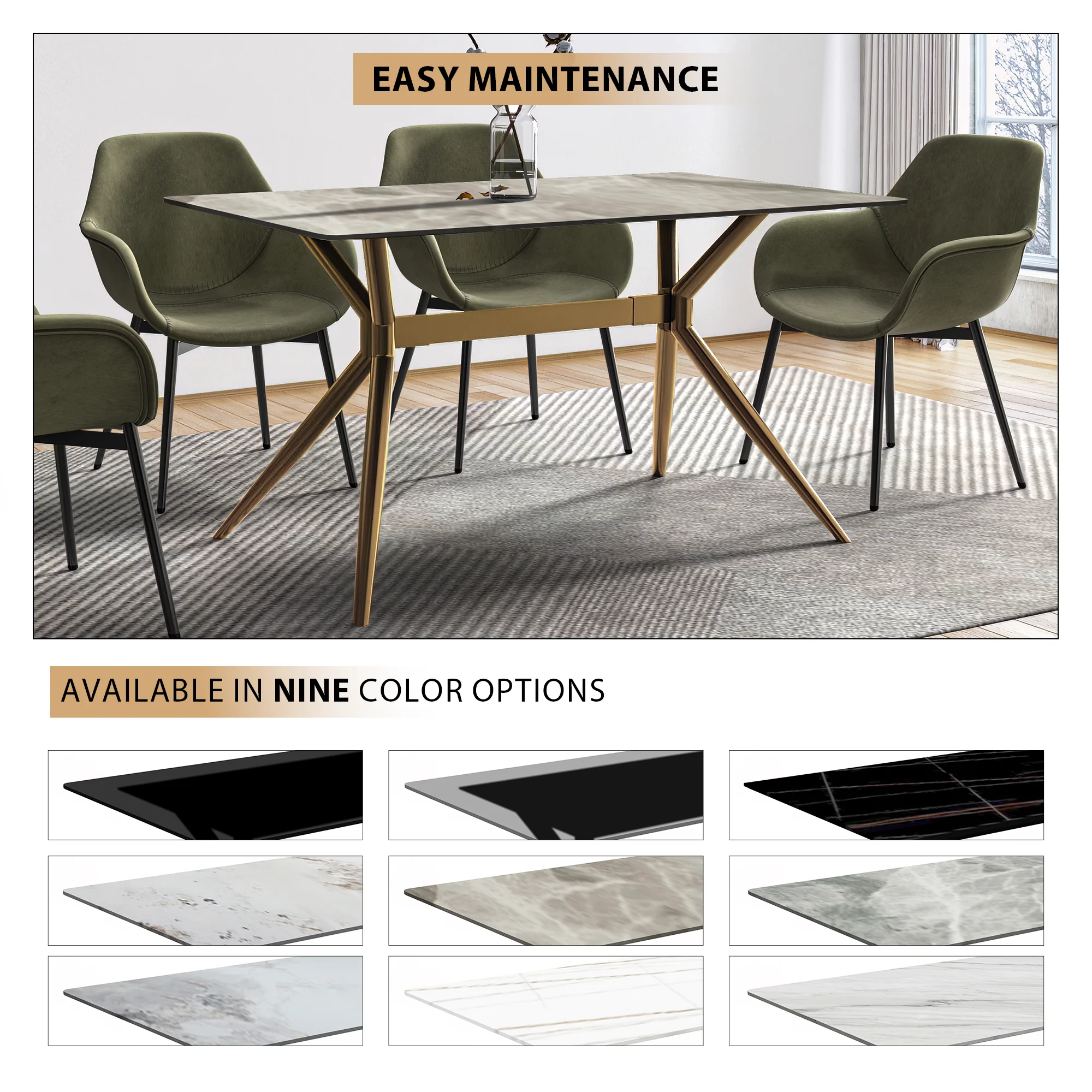 Elega Series Gold Stainless Steel Dining Table 55" With Deep Grey Sintered Stone Top