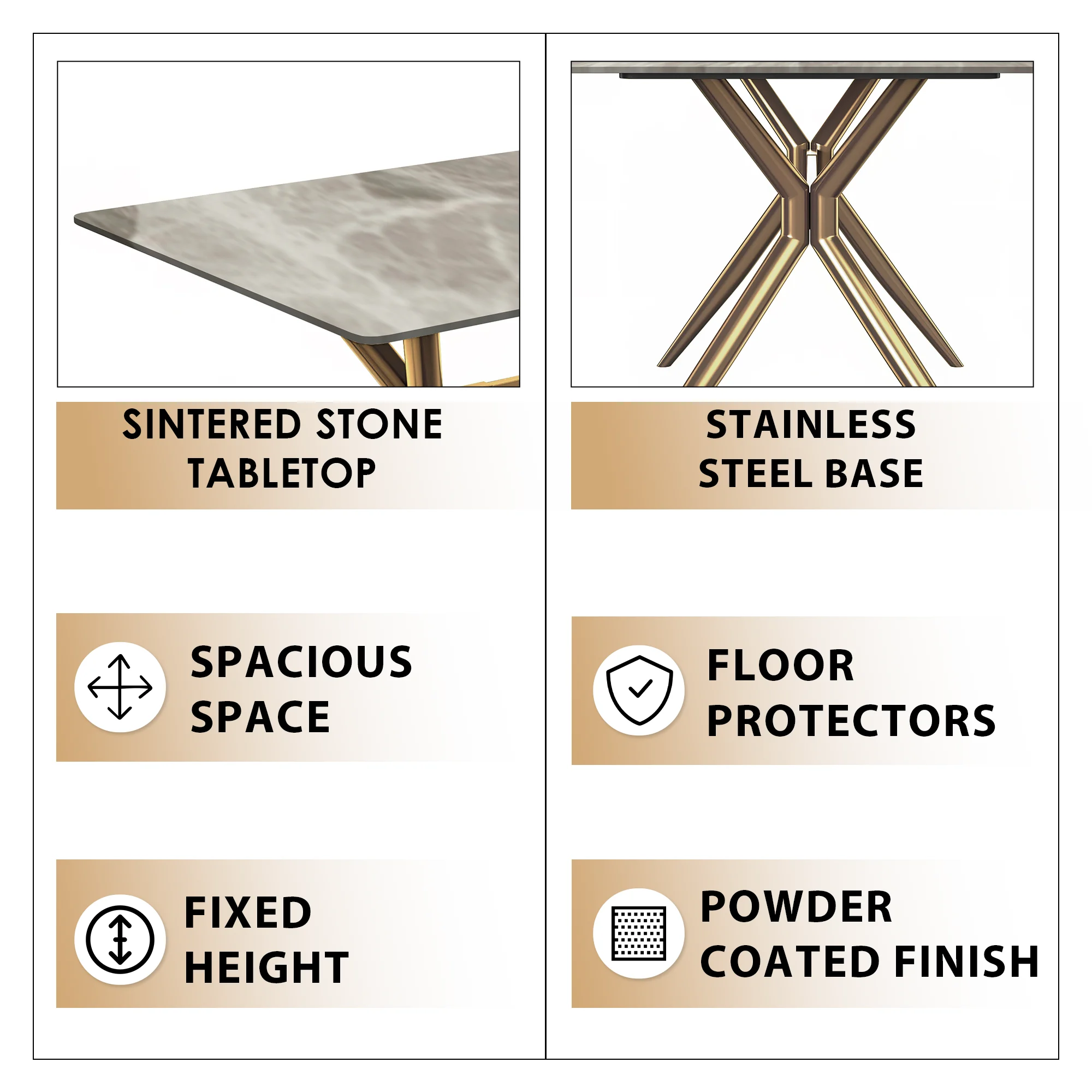 Elega Series Gold Stainless Steel Dining Table 55" With Deep Grey Sintered Stone Top