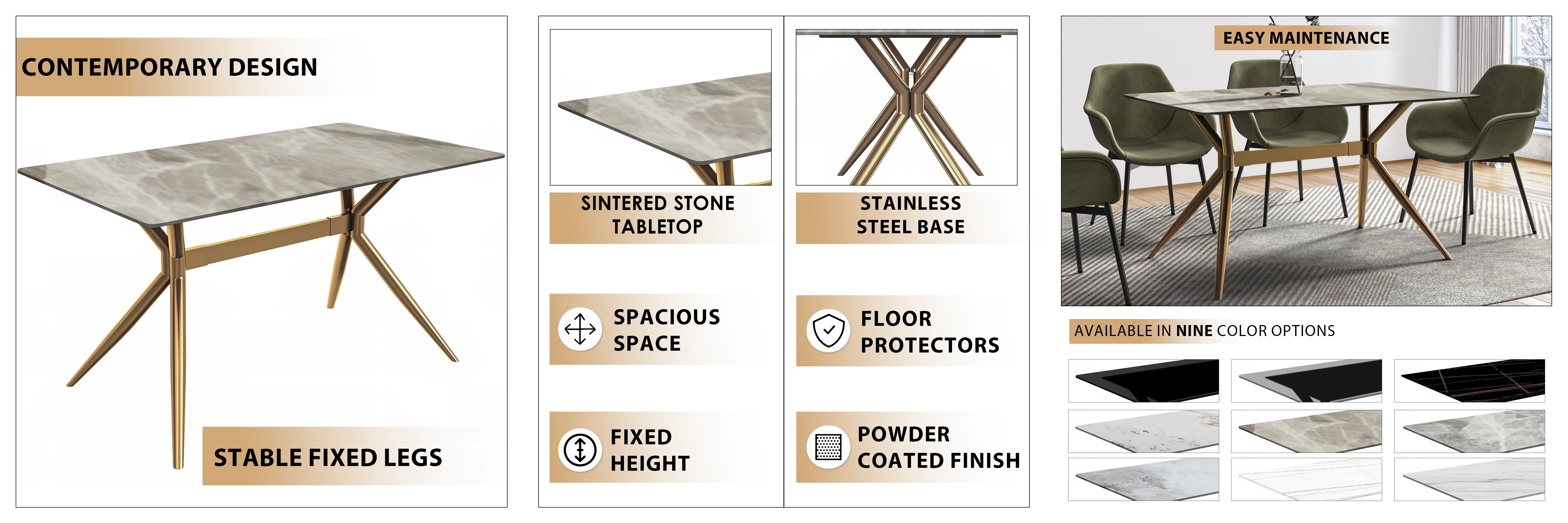 Elega Series Gold Stainless Steel Dining Table 55" With Deep Grey Sintered Stone Top