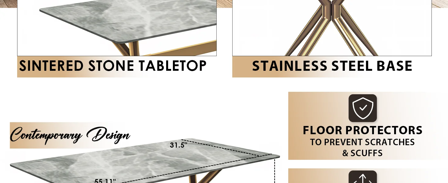 Elega Series Gold Stainless Steel Dining Table 55" With Light Grey Sintered Stone Top
