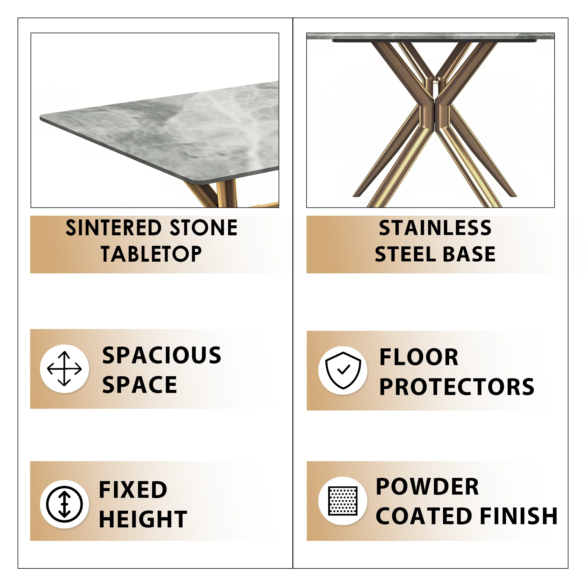 Elega Series Gold Stainless Steel Dining Table 55" With Light Grey Sintered Stone Top