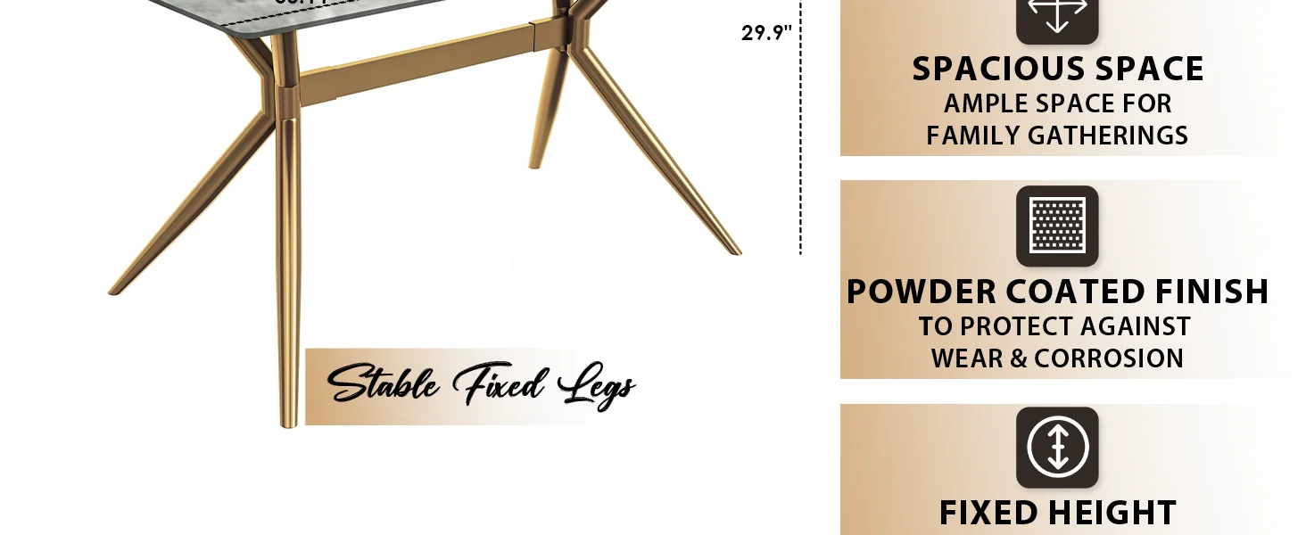 Elega Series Gold Stainless Steel Dining Table 55" With Light Grey Sintered Stone Top