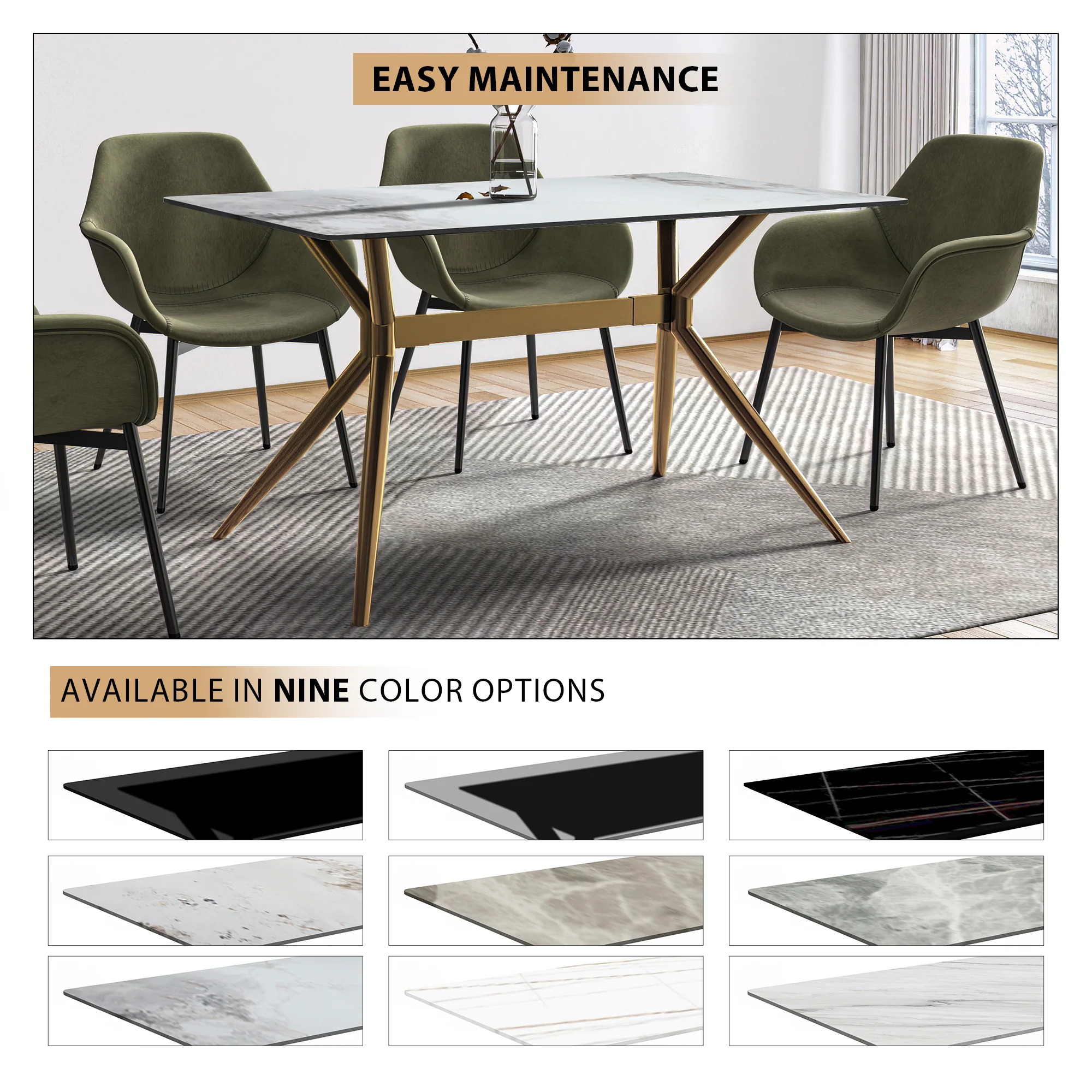 Elega Series Gold Stainless Steel Dining Table 55" With Medium Grey Sintered Stone Top