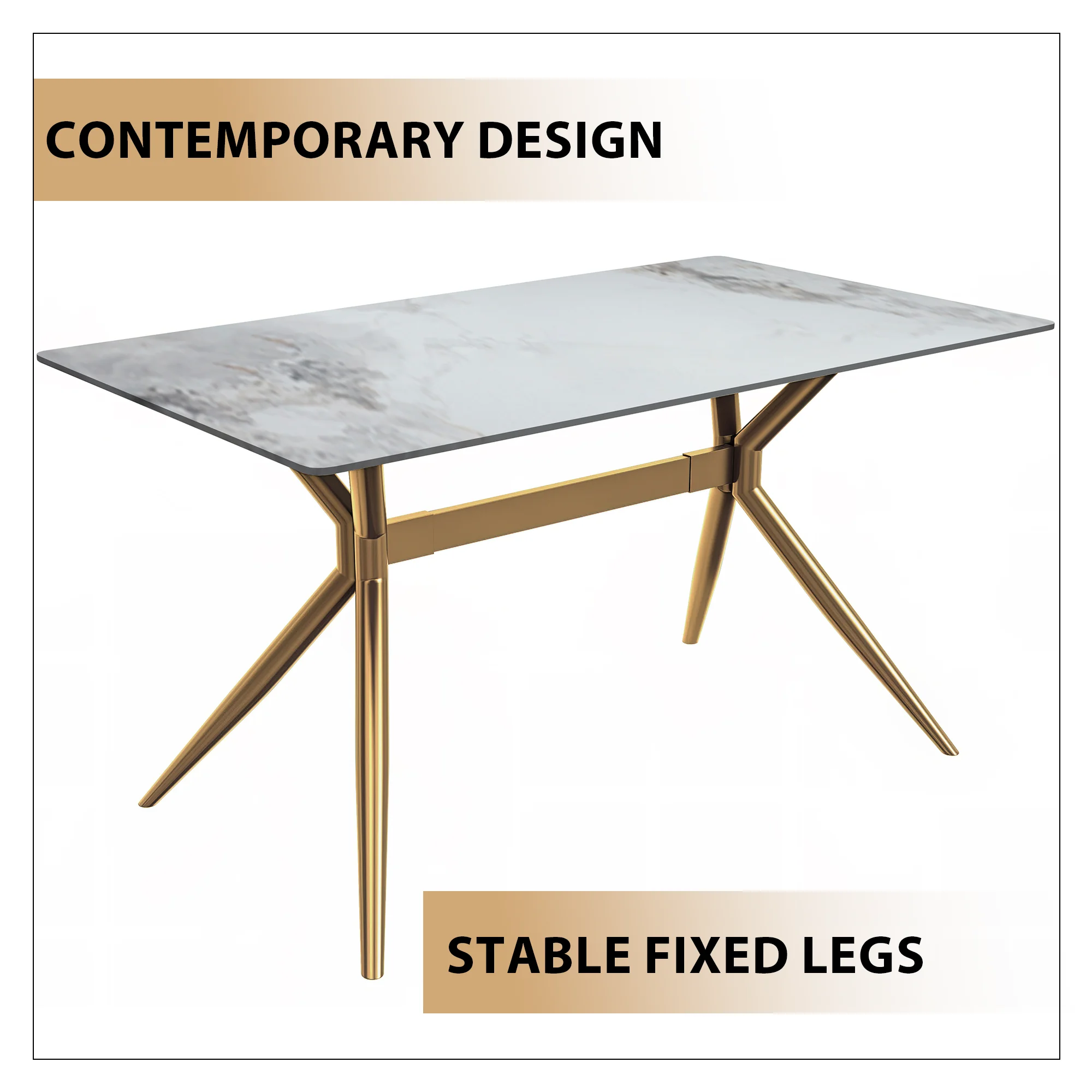 Elega Series Gold Stainless Steel Dining Table 55" With Medium Grey Sintered Stone Top