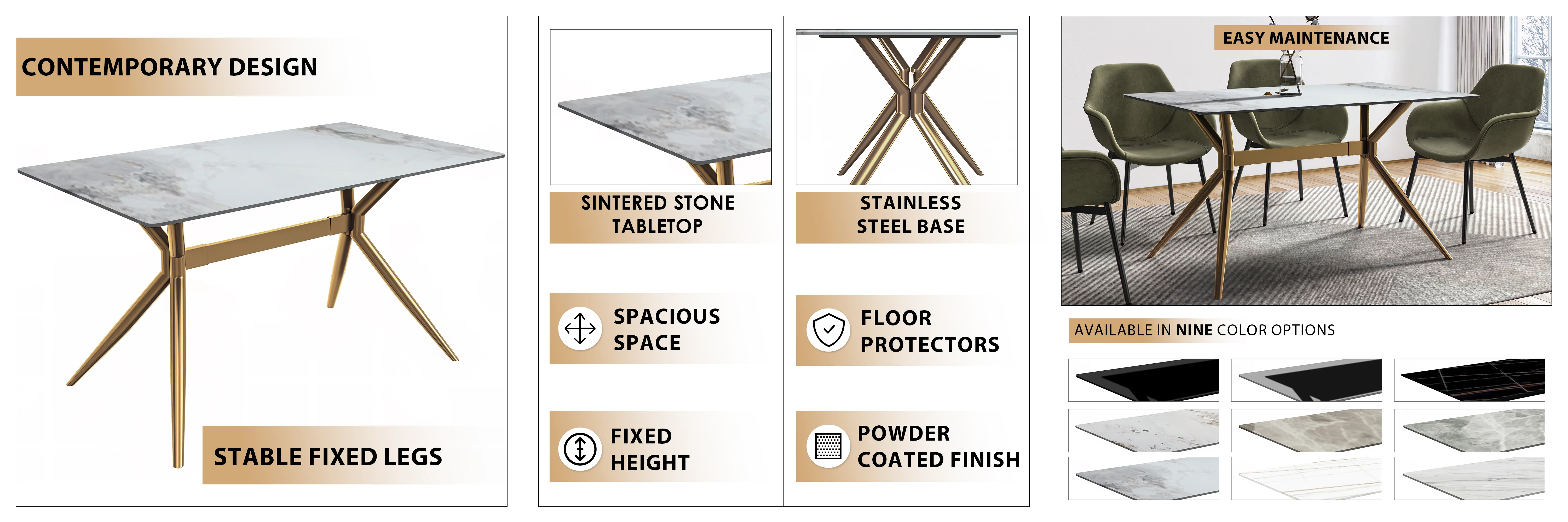 Elega Series Gold Stainless Steel Dining Table 55" With Medium Grey Sintered Stone Top