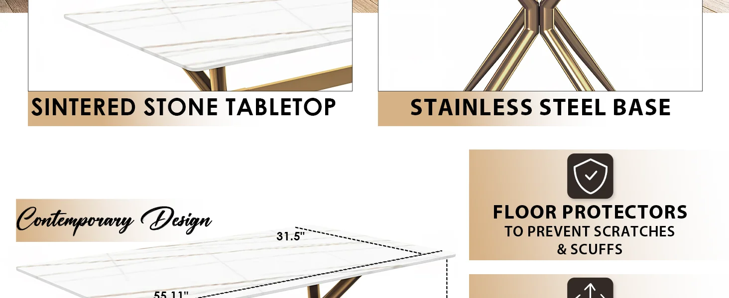 Elega Series Gold Stainless Steel Dining Table 55" With White/Gold Sintered Stone Top