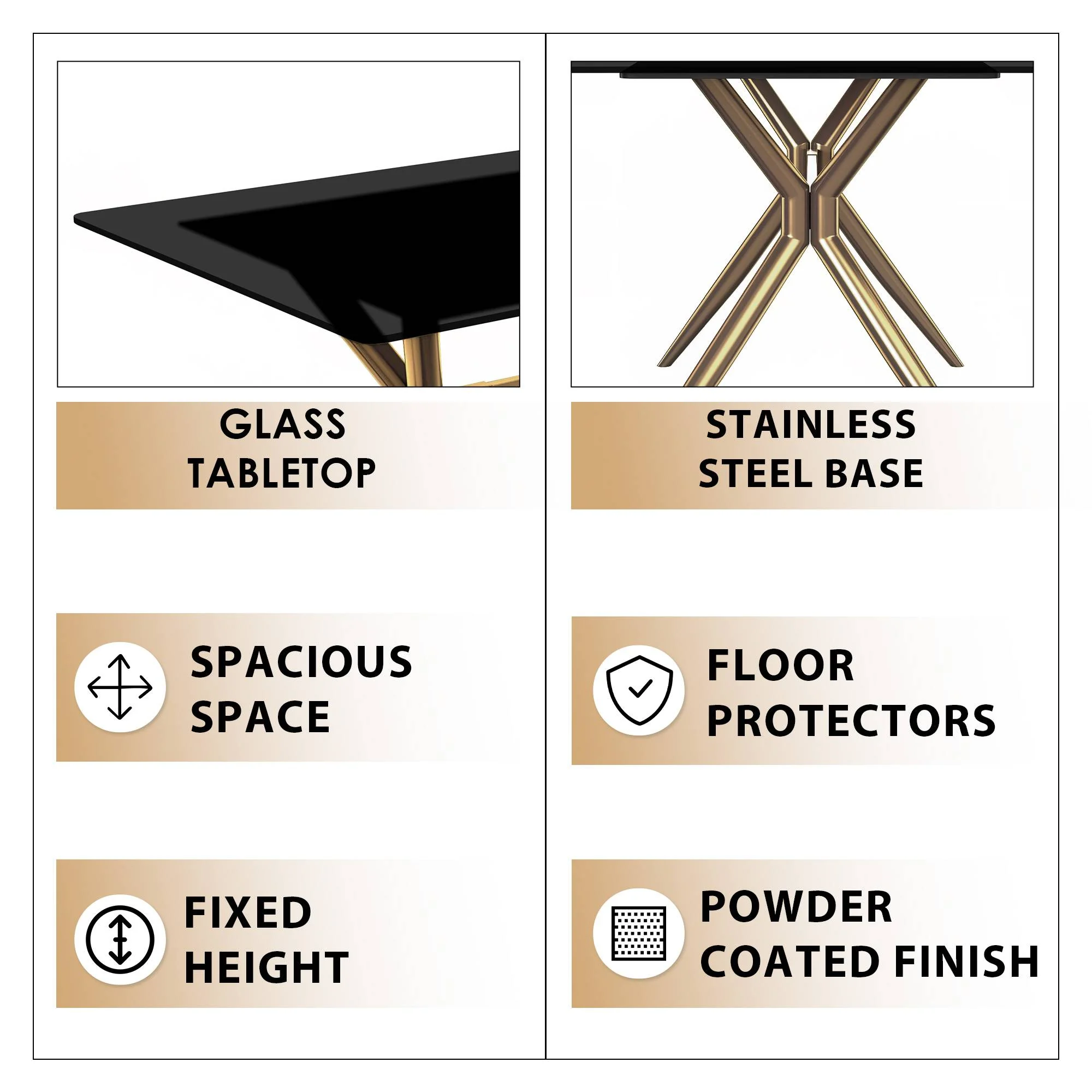 Elega Series Gold Stainless Steel Dining Table 62" With Black Glass Top