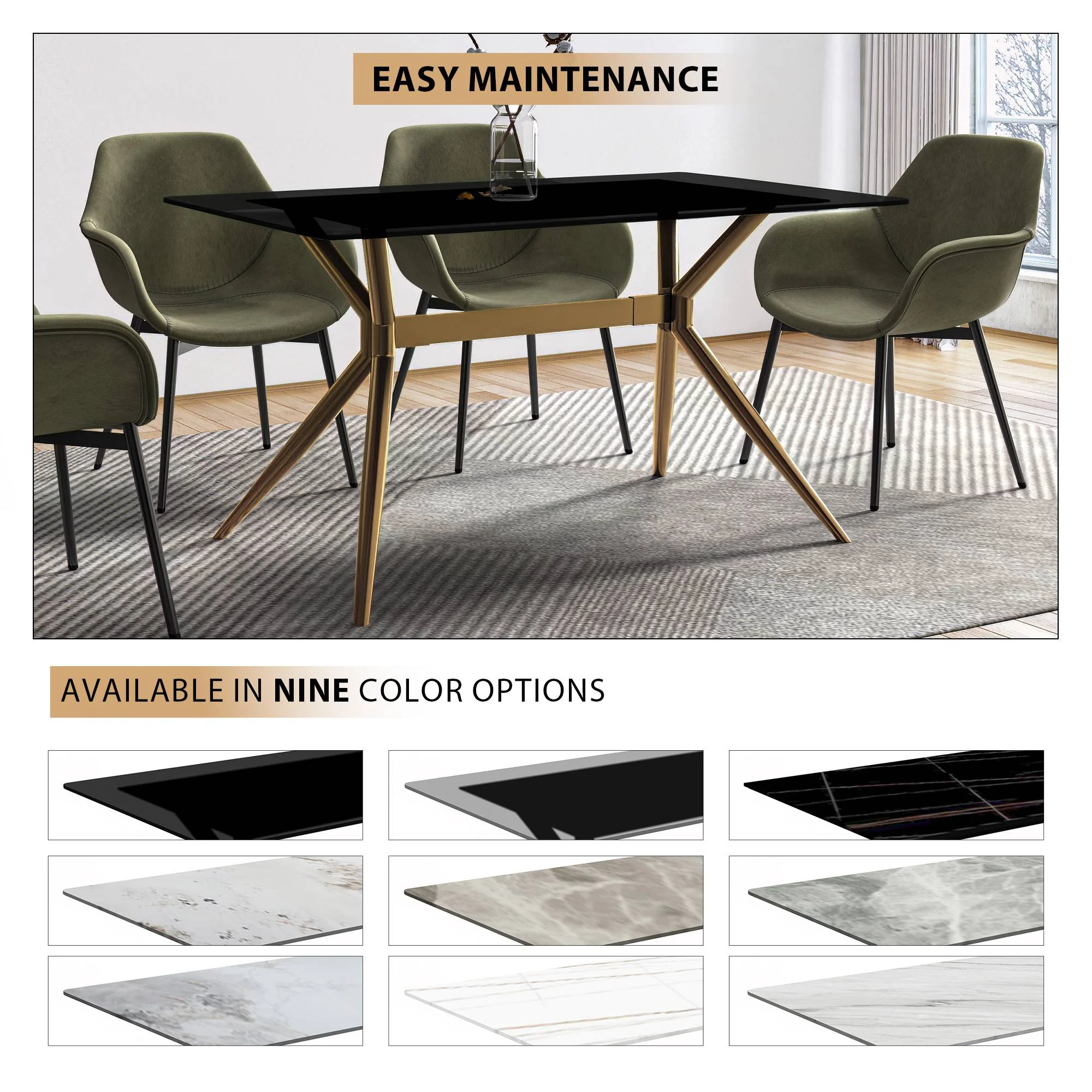 Elega Series Gold Stainless Steel Dining Table 62" With Black Glass Top