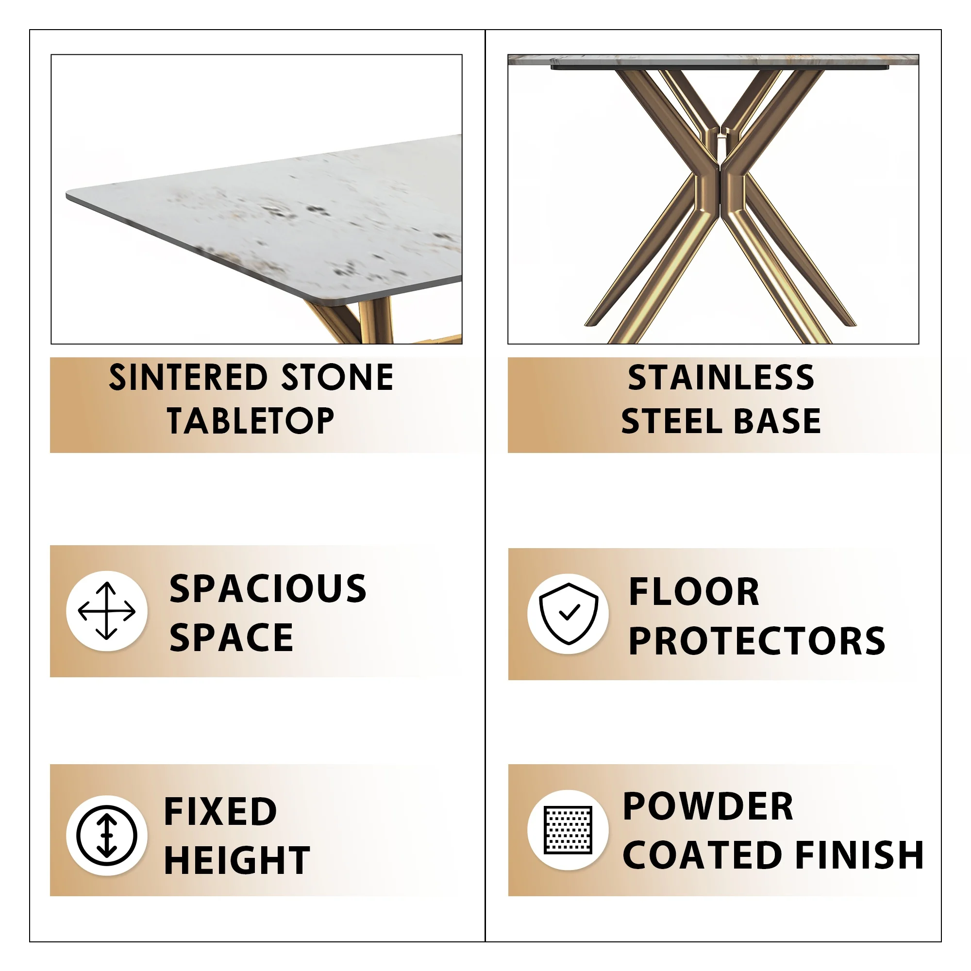 Elega Series Gold Stainless Steel Dining Table 62" With White Grey Sintered Stone Top