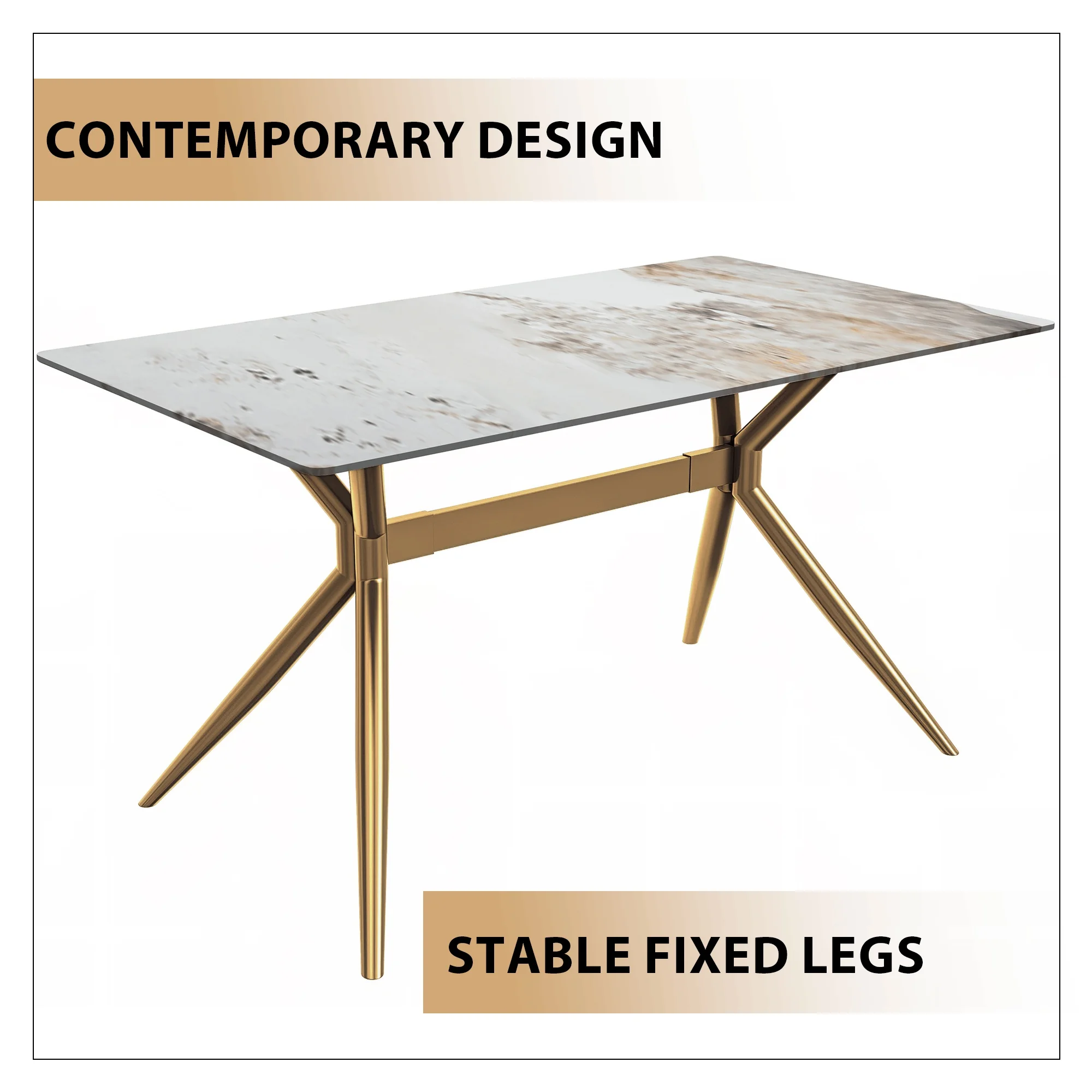 Elega Series Gold Stainless Steel Dining Table 62" With White Grey Sintered Stone Top