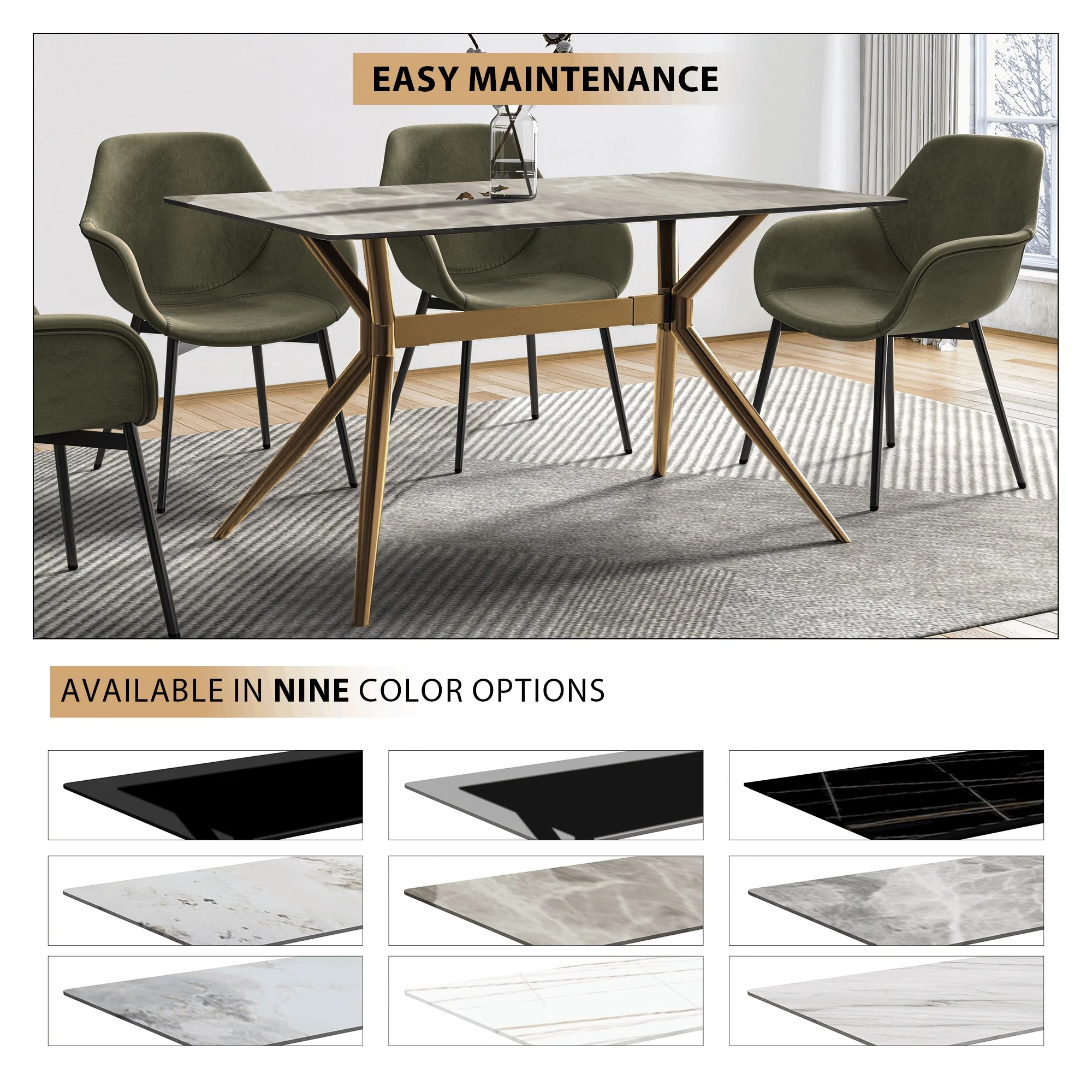 Elega Series Gold Stainless Steel Dining Table 62" With Deep Grey Sintered Stone Top