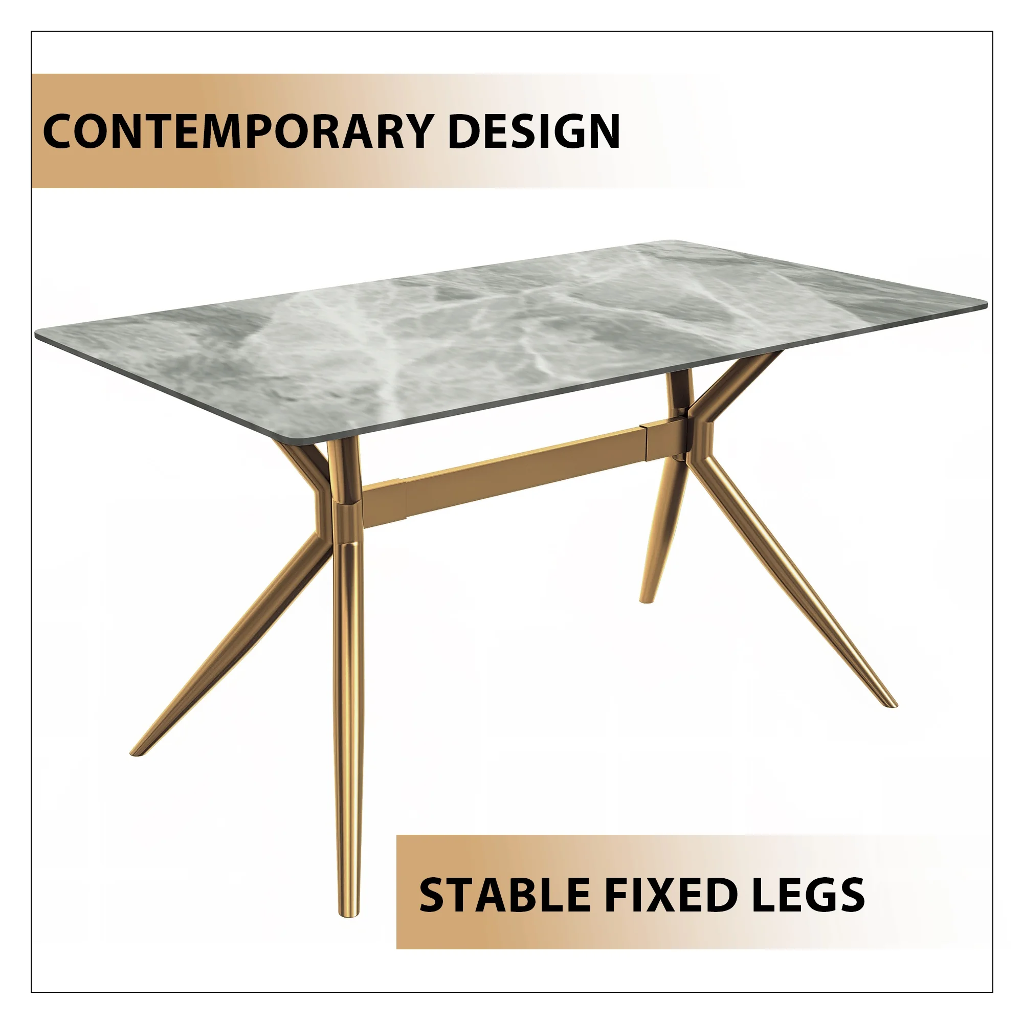 Elega Series Gold Stainless Steel Dining Table 62" With Light Grey Sintered Stone Top