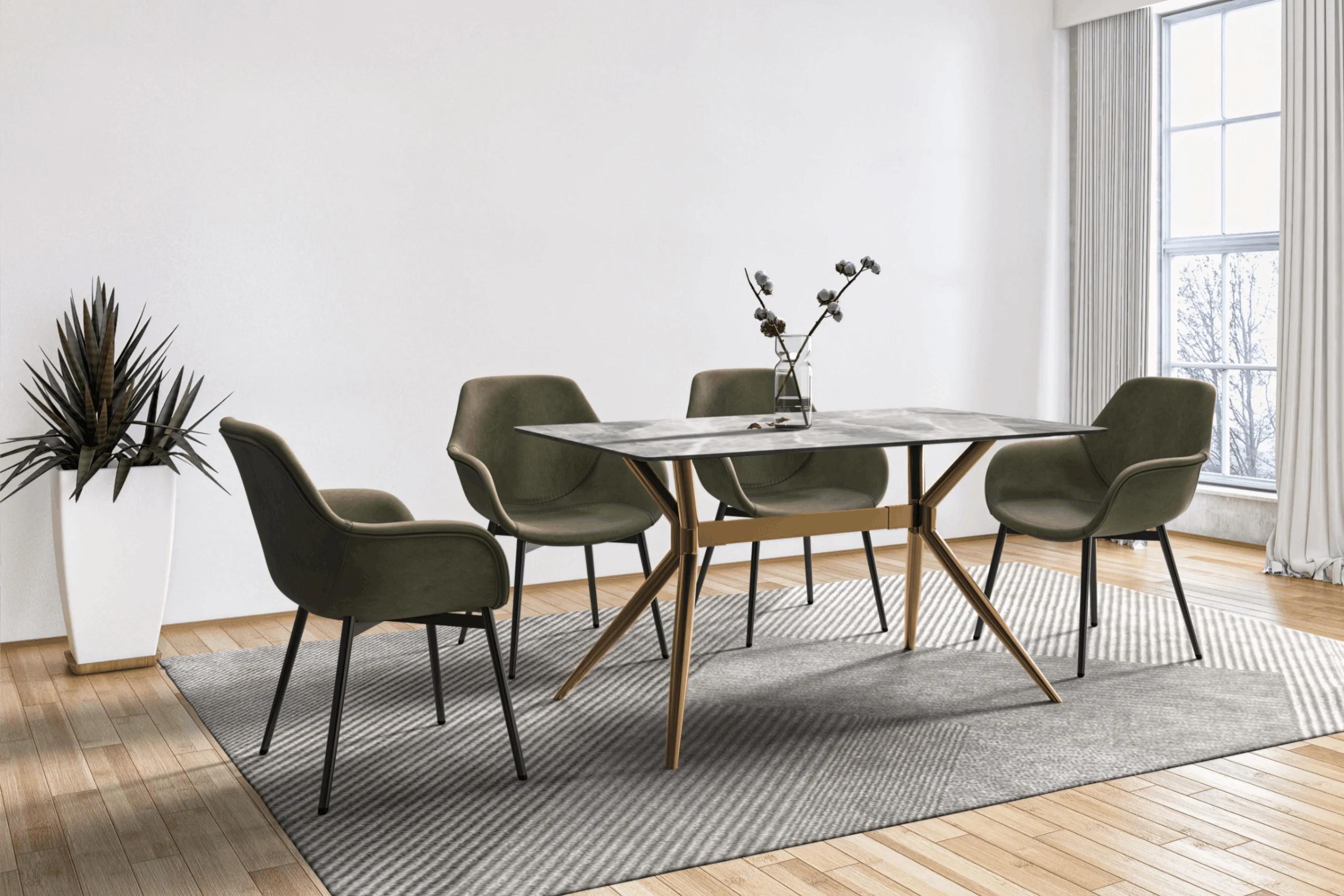 Elega Series Gold Stainless Steel Dining Table 62" With Light Grey Sintered Stone Top