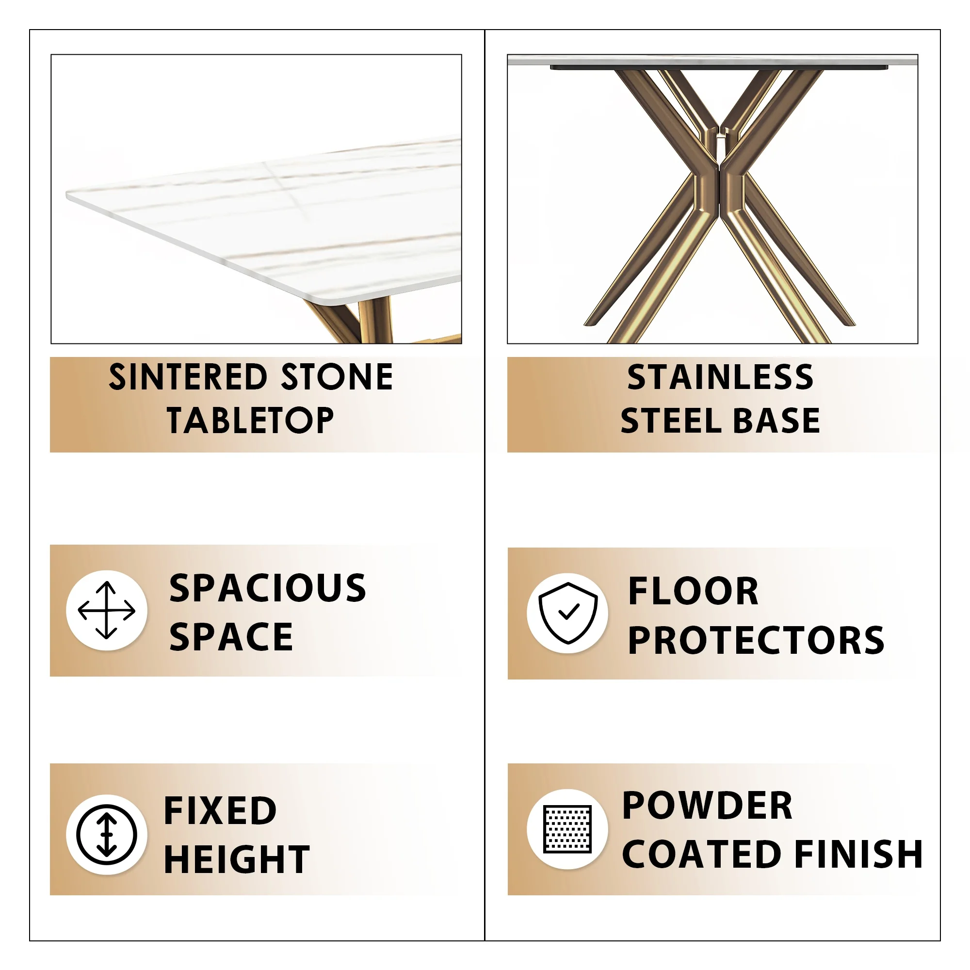 Elega Series Gold Stainless Steel Dining Table 62" With White/Gold Sintered Stone Top