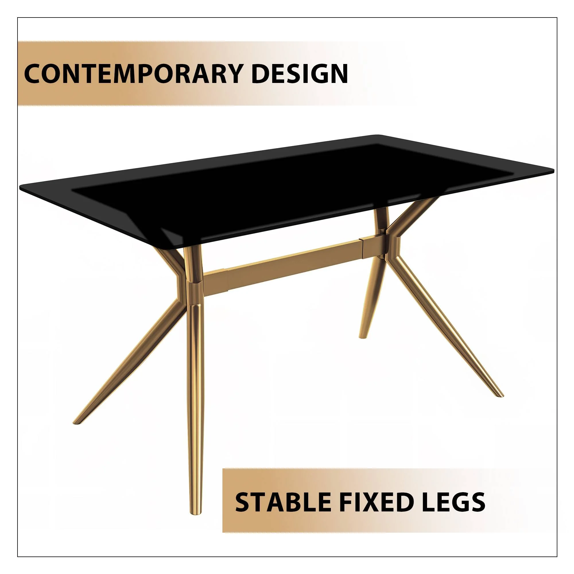 Elega Series Gold Stainless Steel Dining Table 71" With Black Glass Top